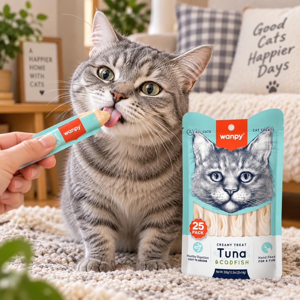 Wanpy Ton Balıklı ve Morina Balıklı Sindirim Destekleyici Kedi Krema Ödül Maması 25x14 grWanpy