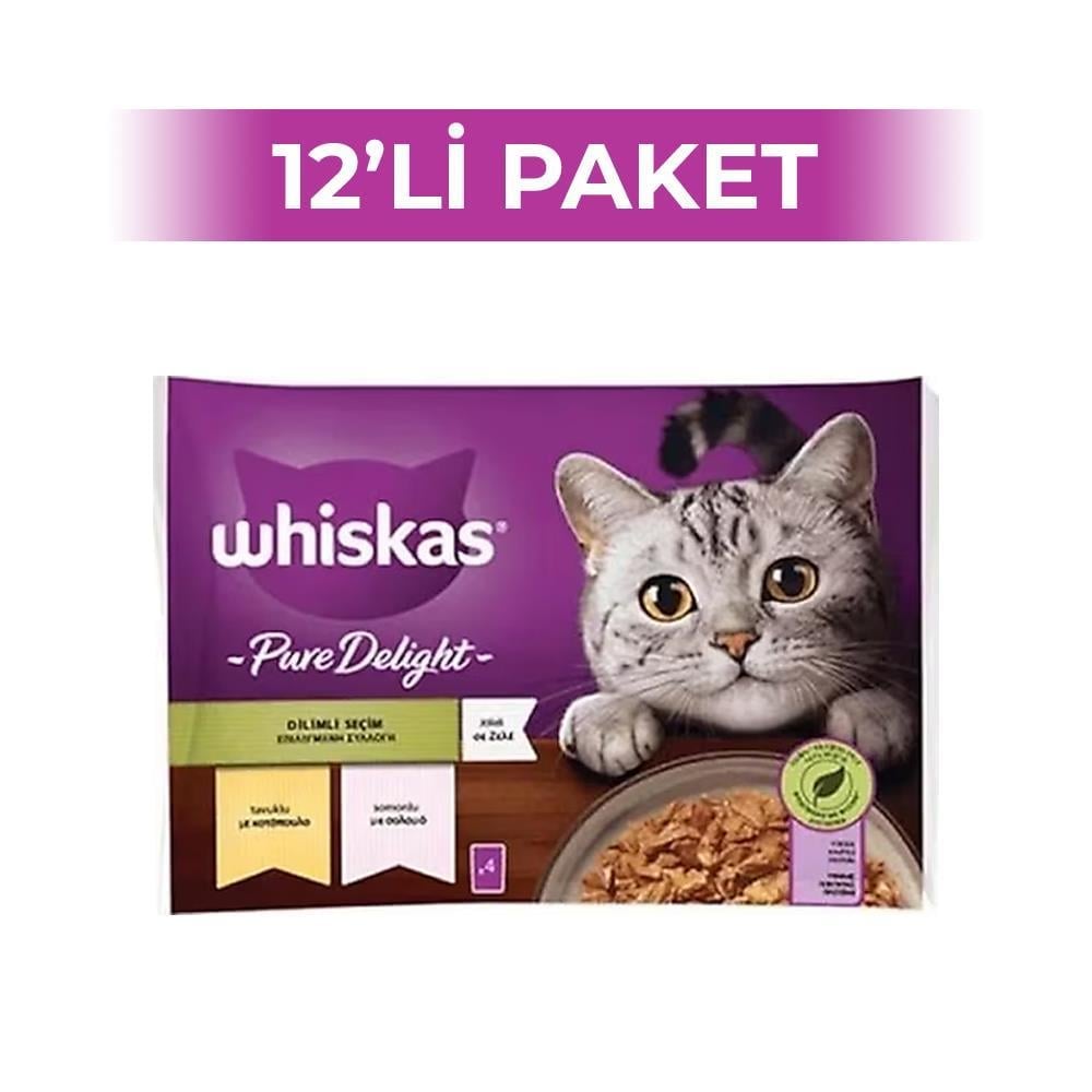 Whiskas Pure Delight Tavuk Etli ve Somonlu Yetişkin Kedi Yaş Maması 85 gr 4'lü Paket 12 AdetWhiskas