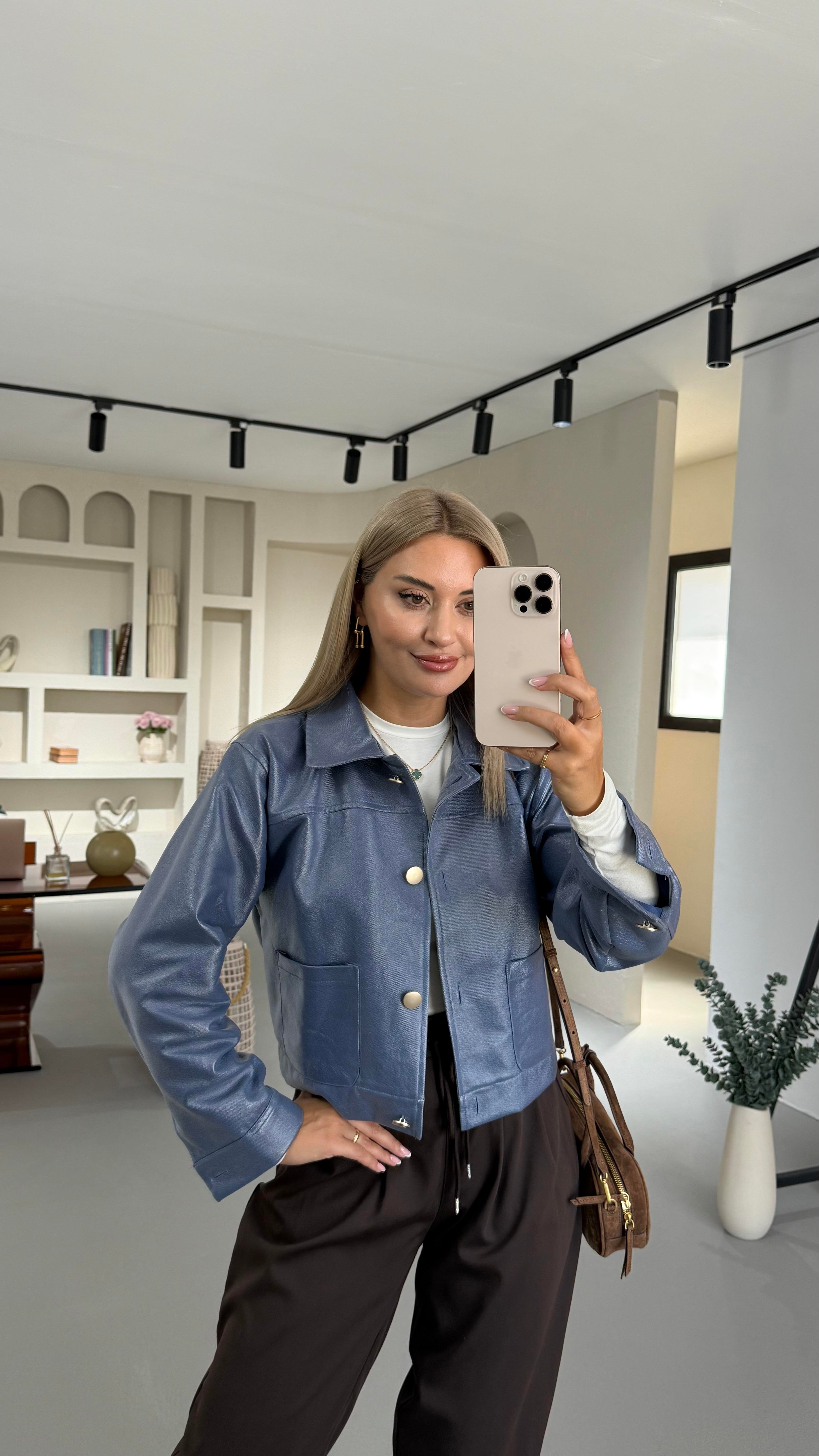 Silver Düğme Detay İndigo Mumlu Ceket