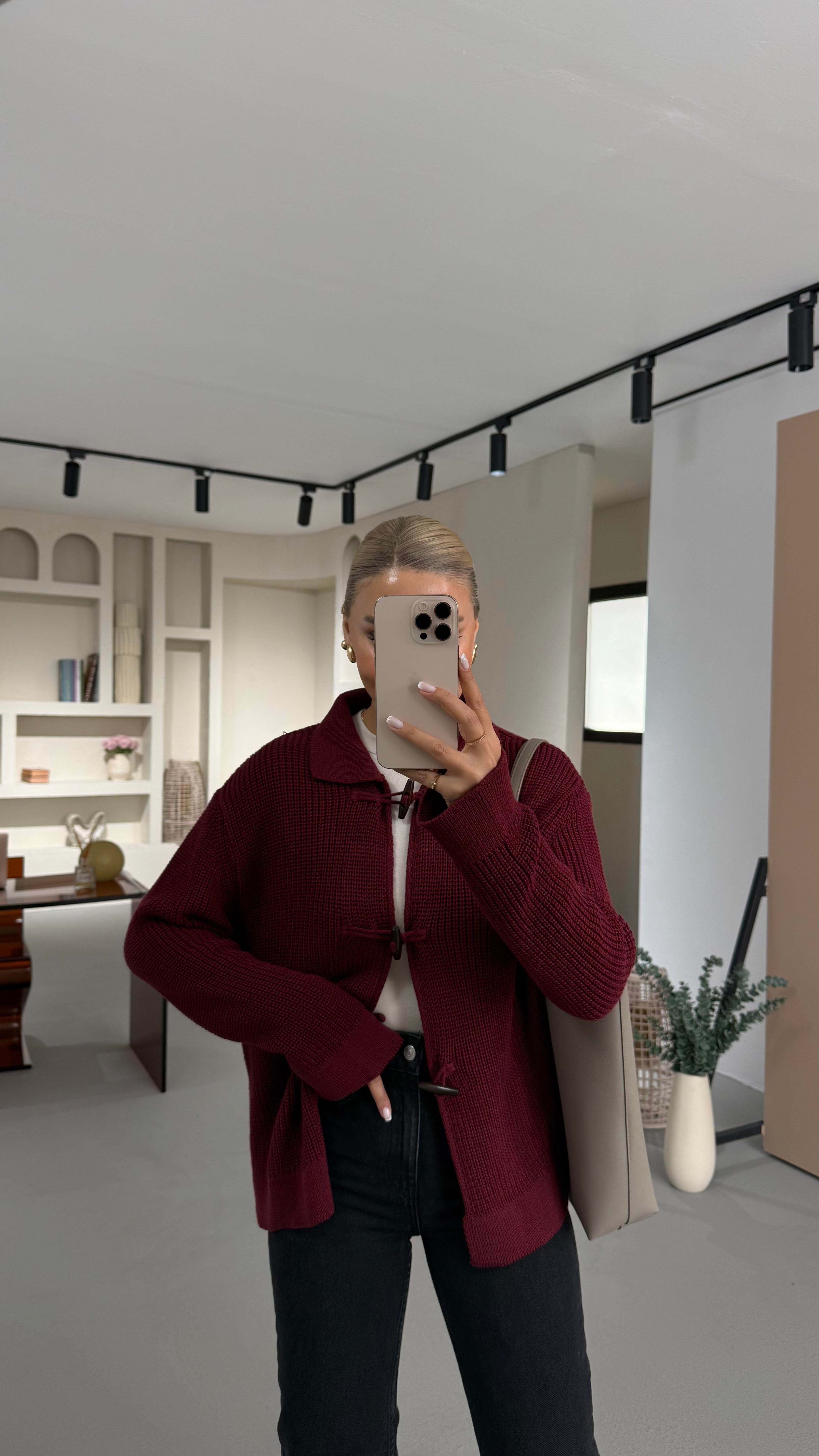 Premium Seri Kordon İlikli Selanik Örgü Bordo Hırka