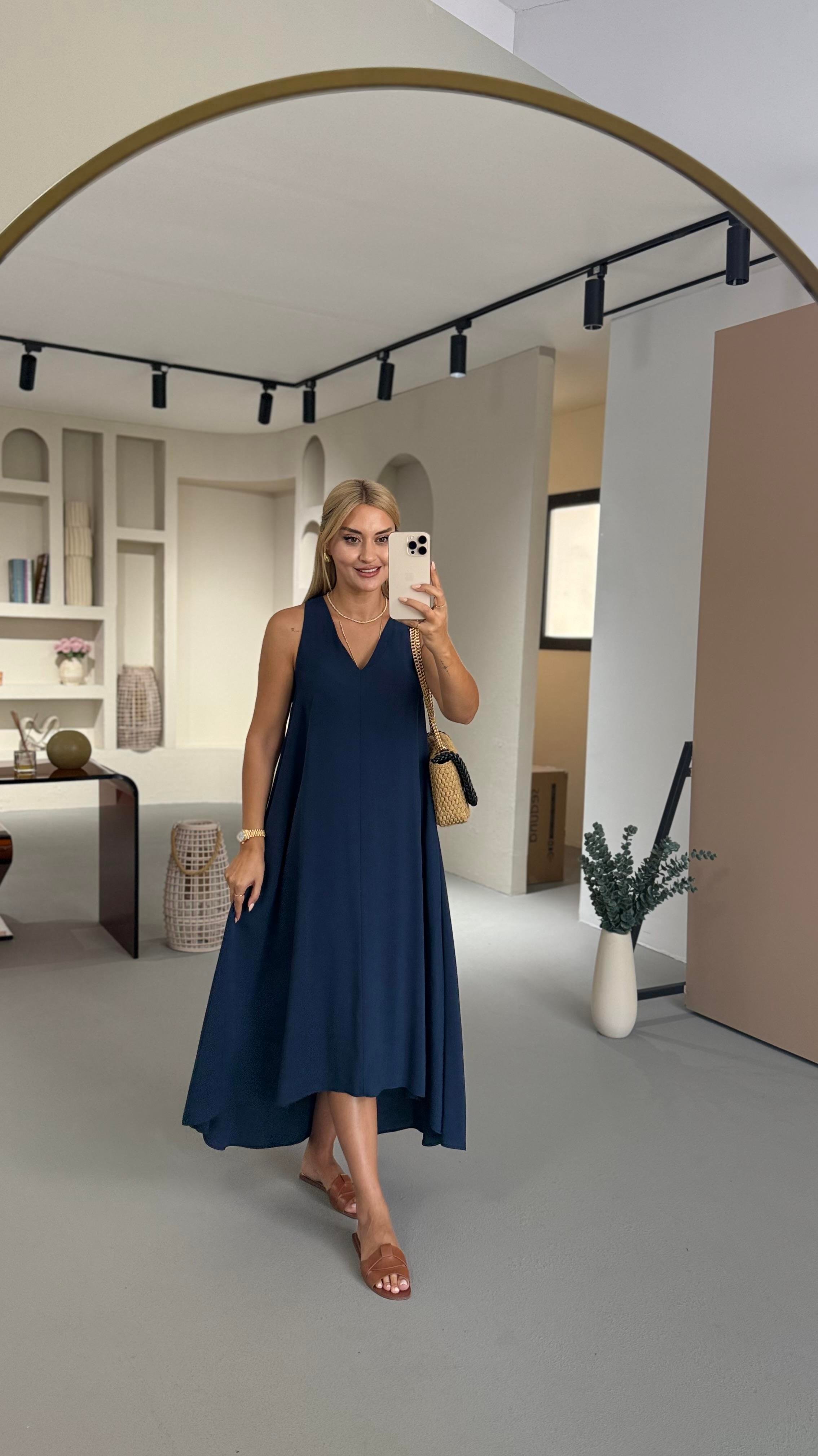 V Yaka Lacivert Tensel Modal Asimetrik Elbise