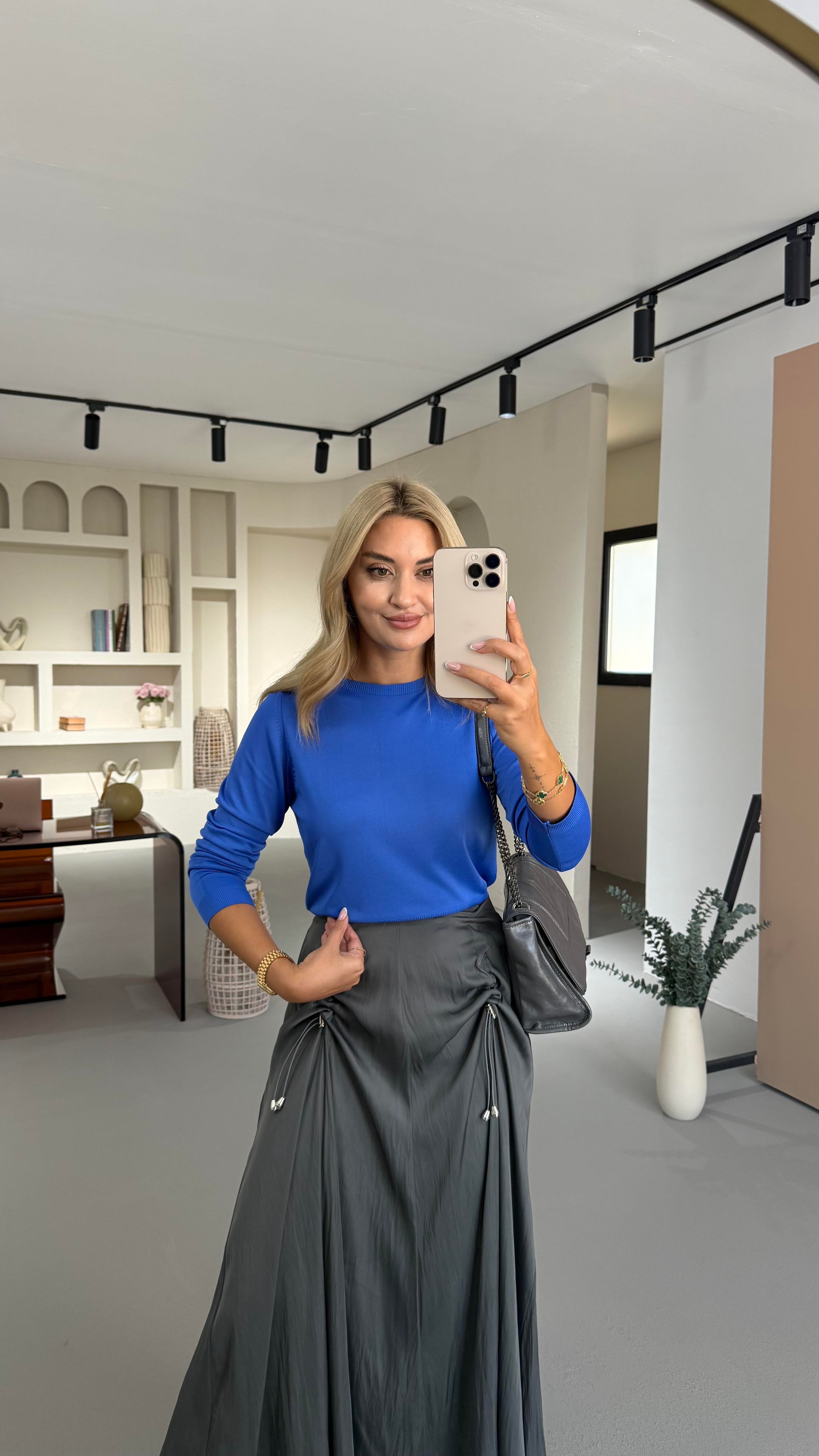 Bisiklet Yaka Uzun Kol Saks Basic Triko