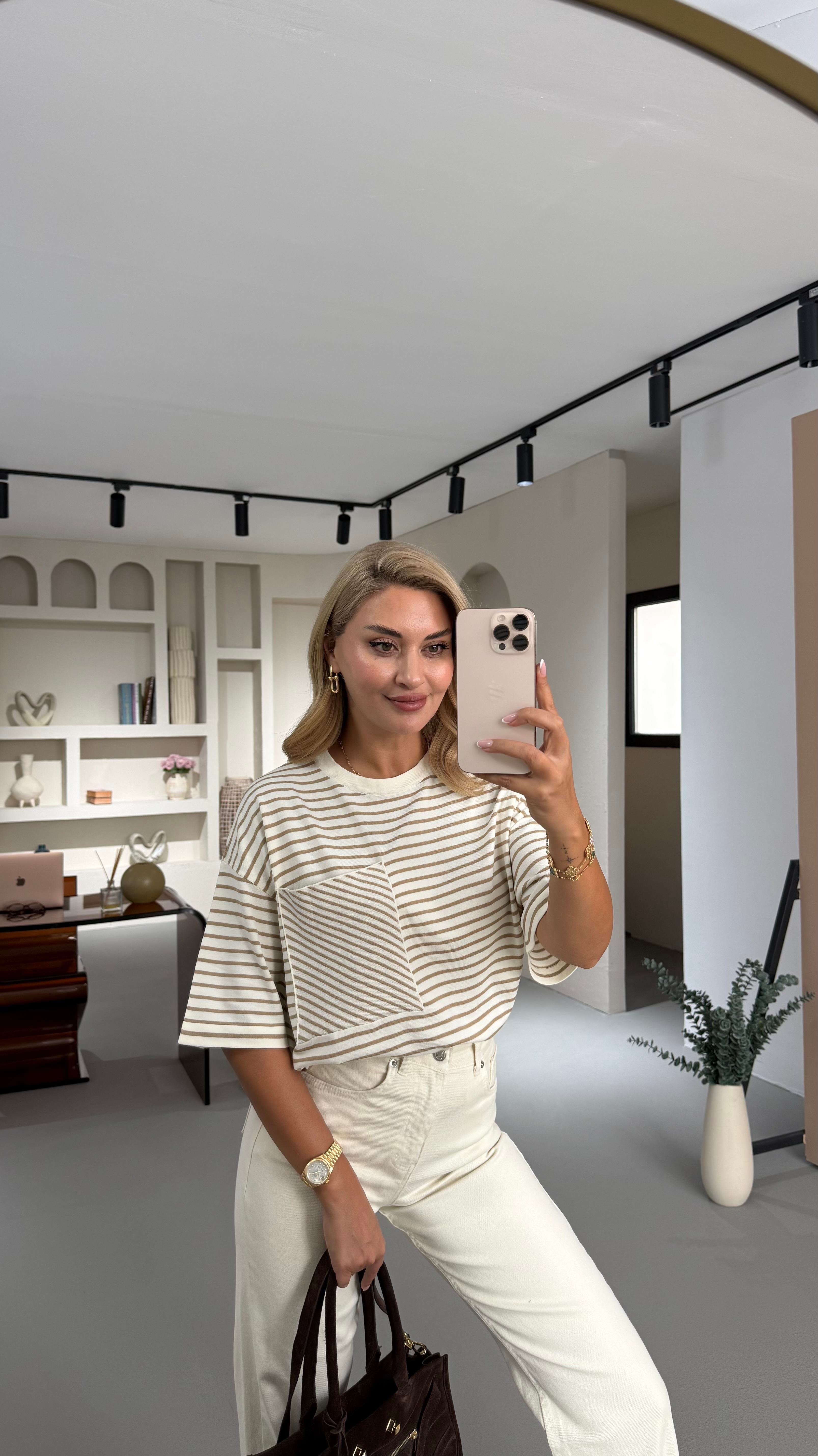 Cep Detay Camel Çizgili Oversize Triko