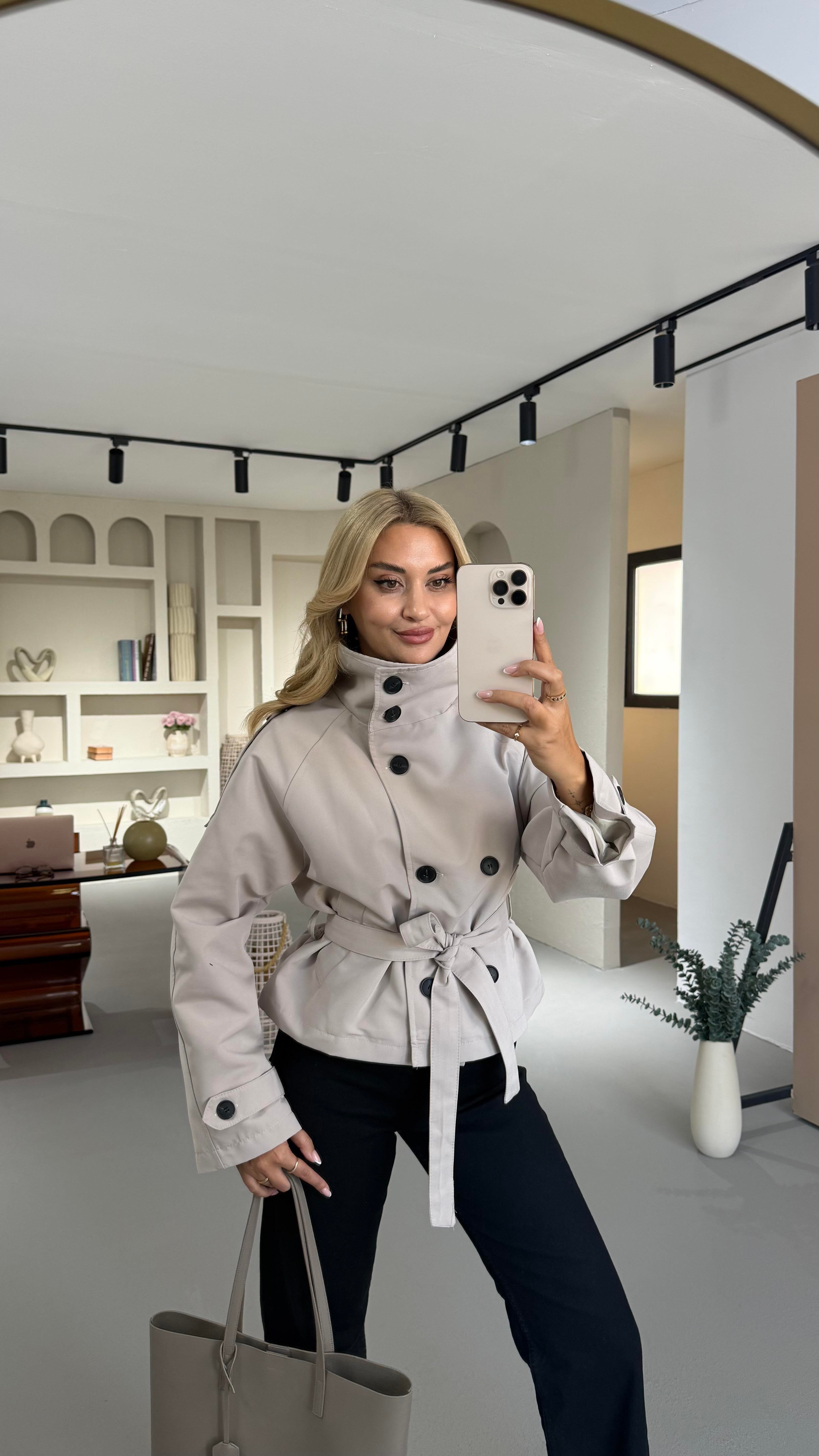 Dik Yaka Apoletli Taş Kısa Trenç