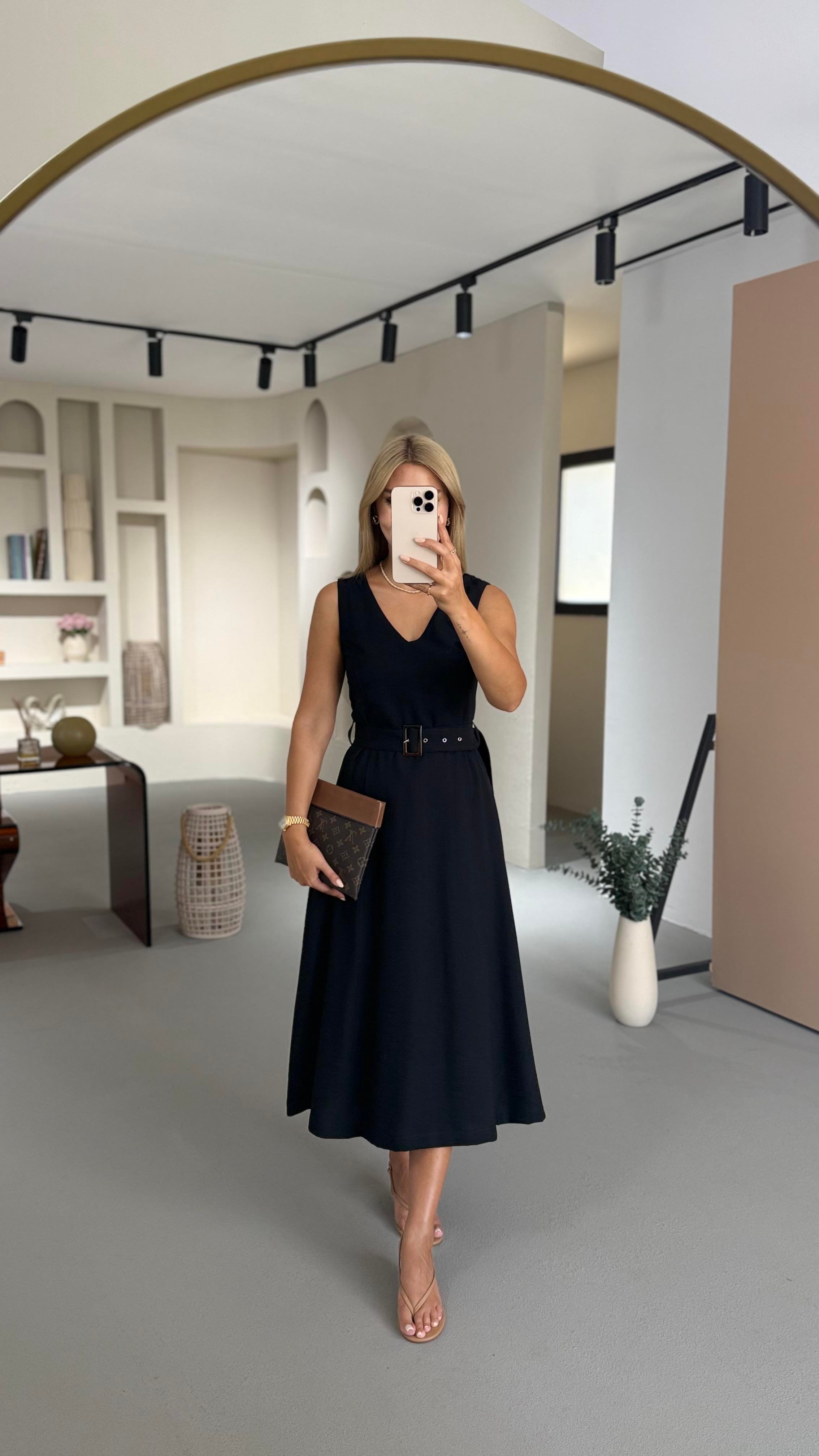 Kemer Detay Astarlı Siyah Midi Çan Elbise