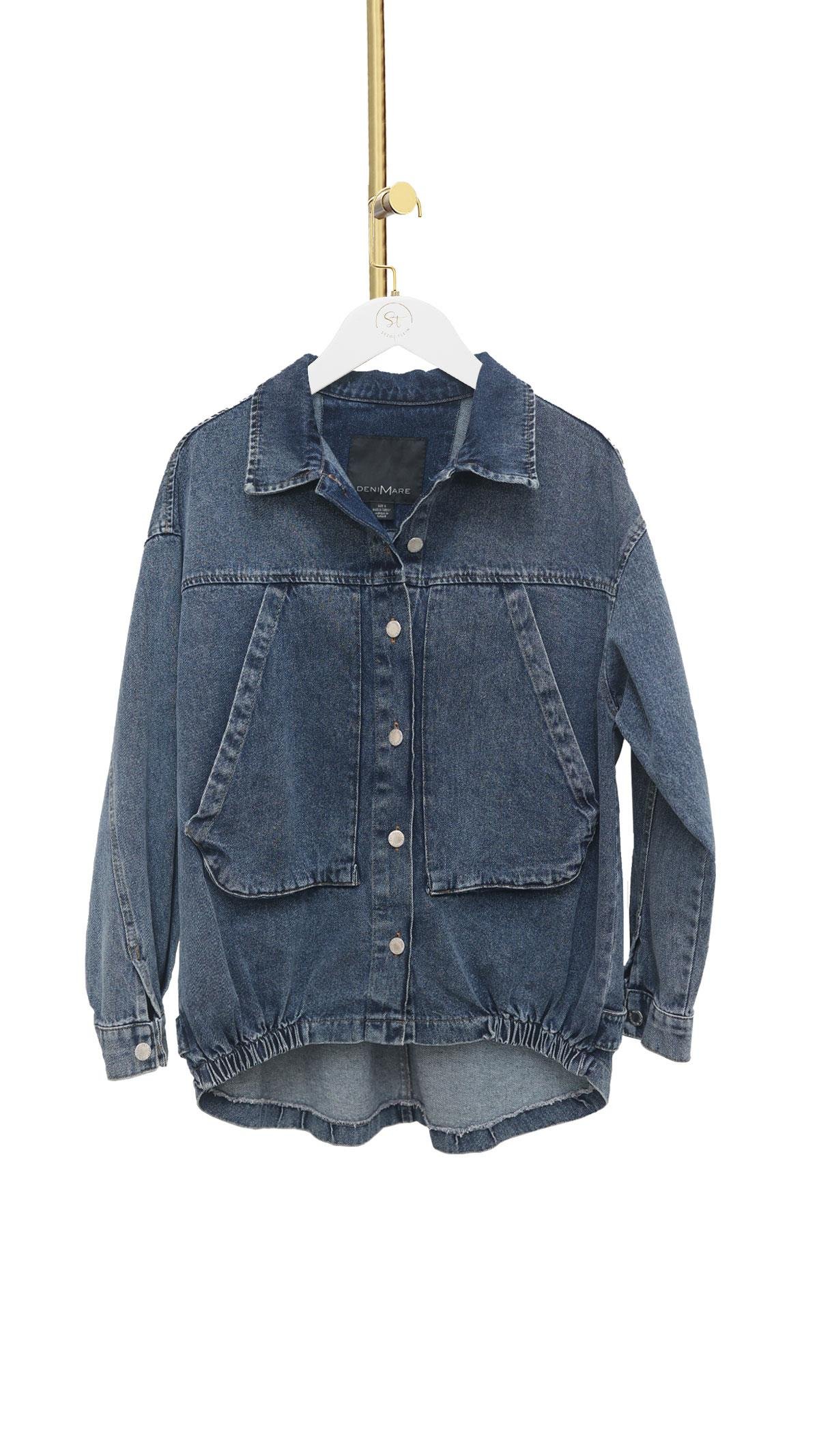 Cep Detay Bel Lastikli Yıkamalı Denim Ceket