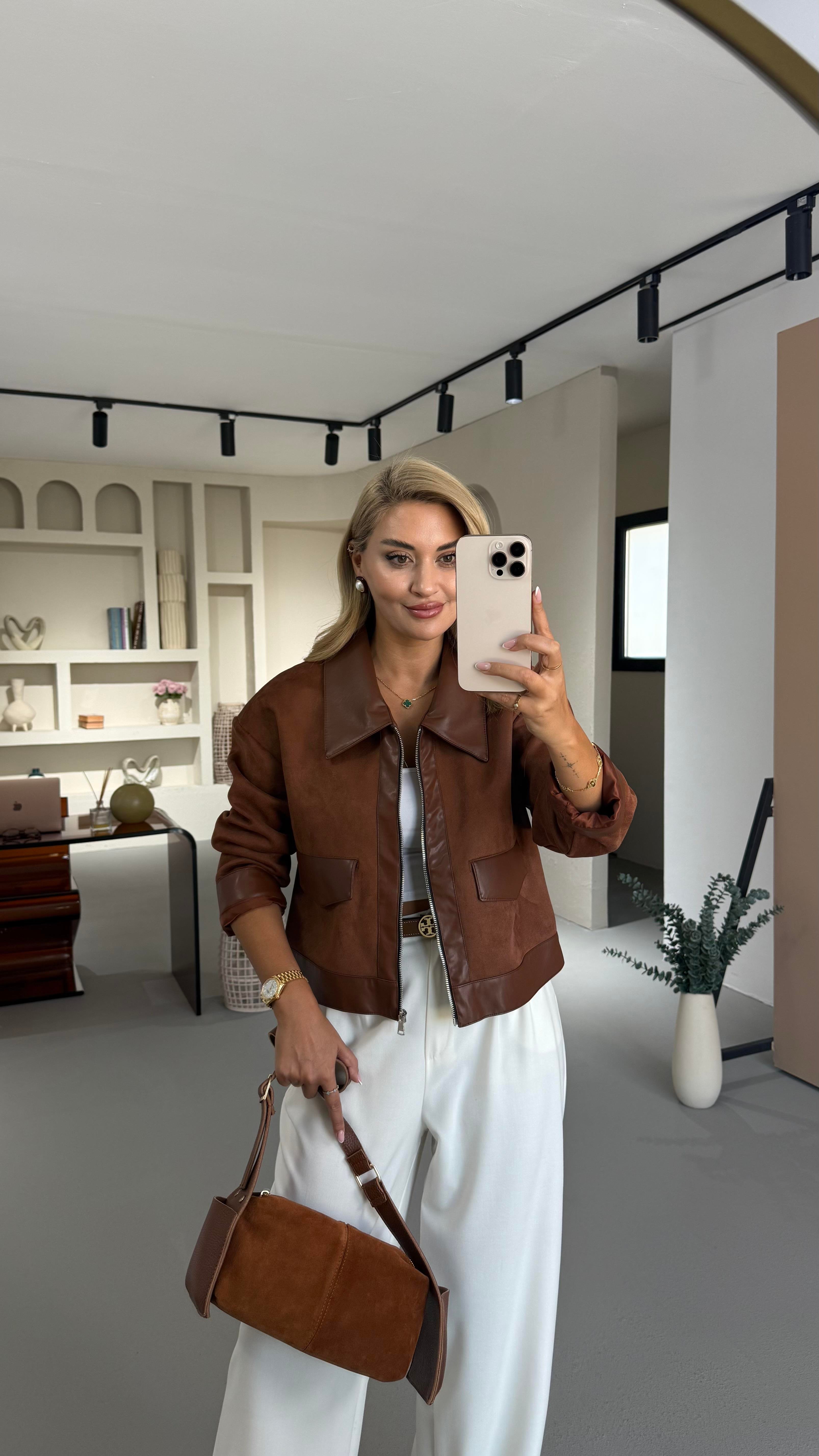 Deri Detay Fermuarlı Kahve Süet Ceket