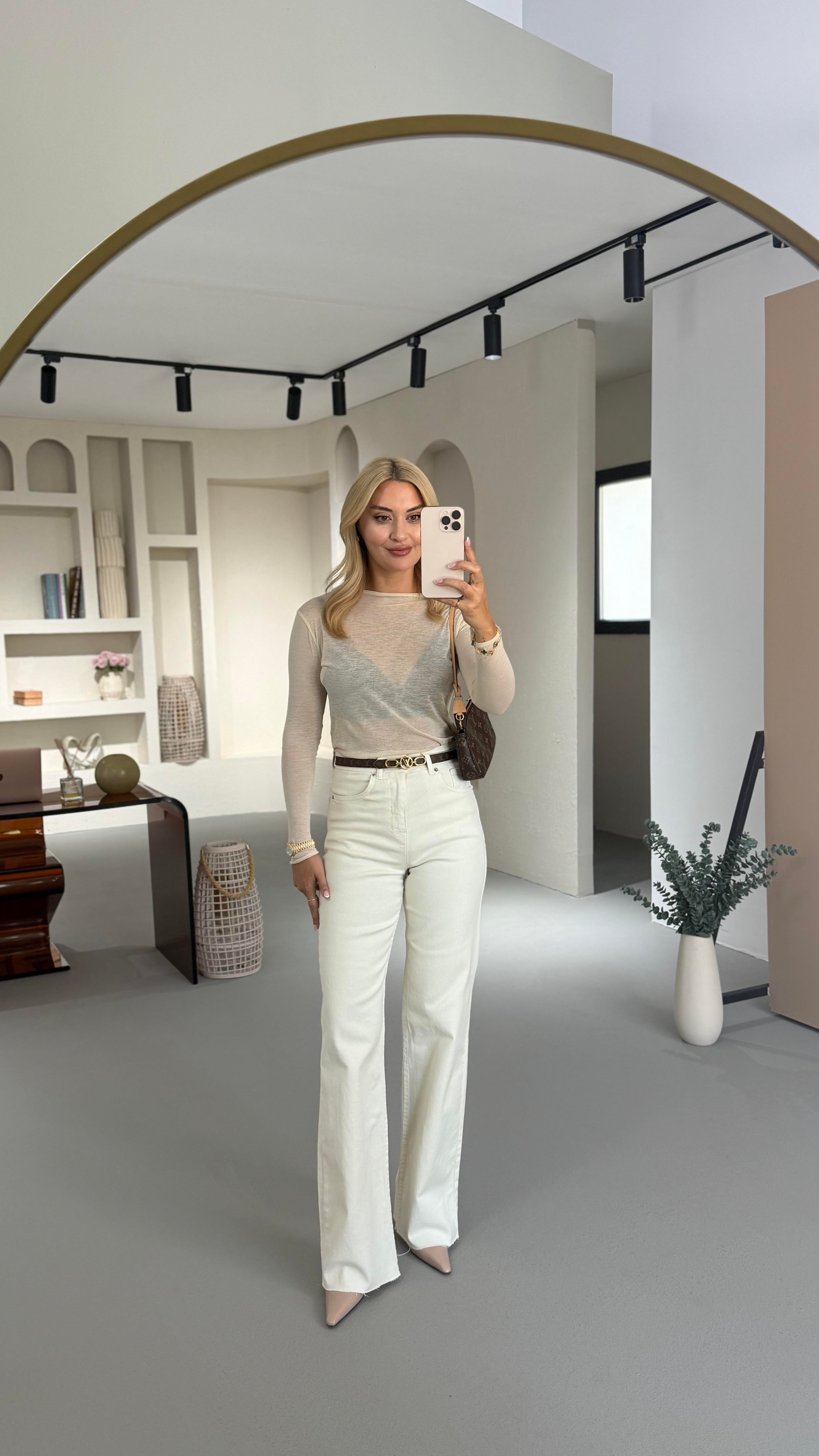 Premium Seri Kesik Paça Krem Straight Fit Jean