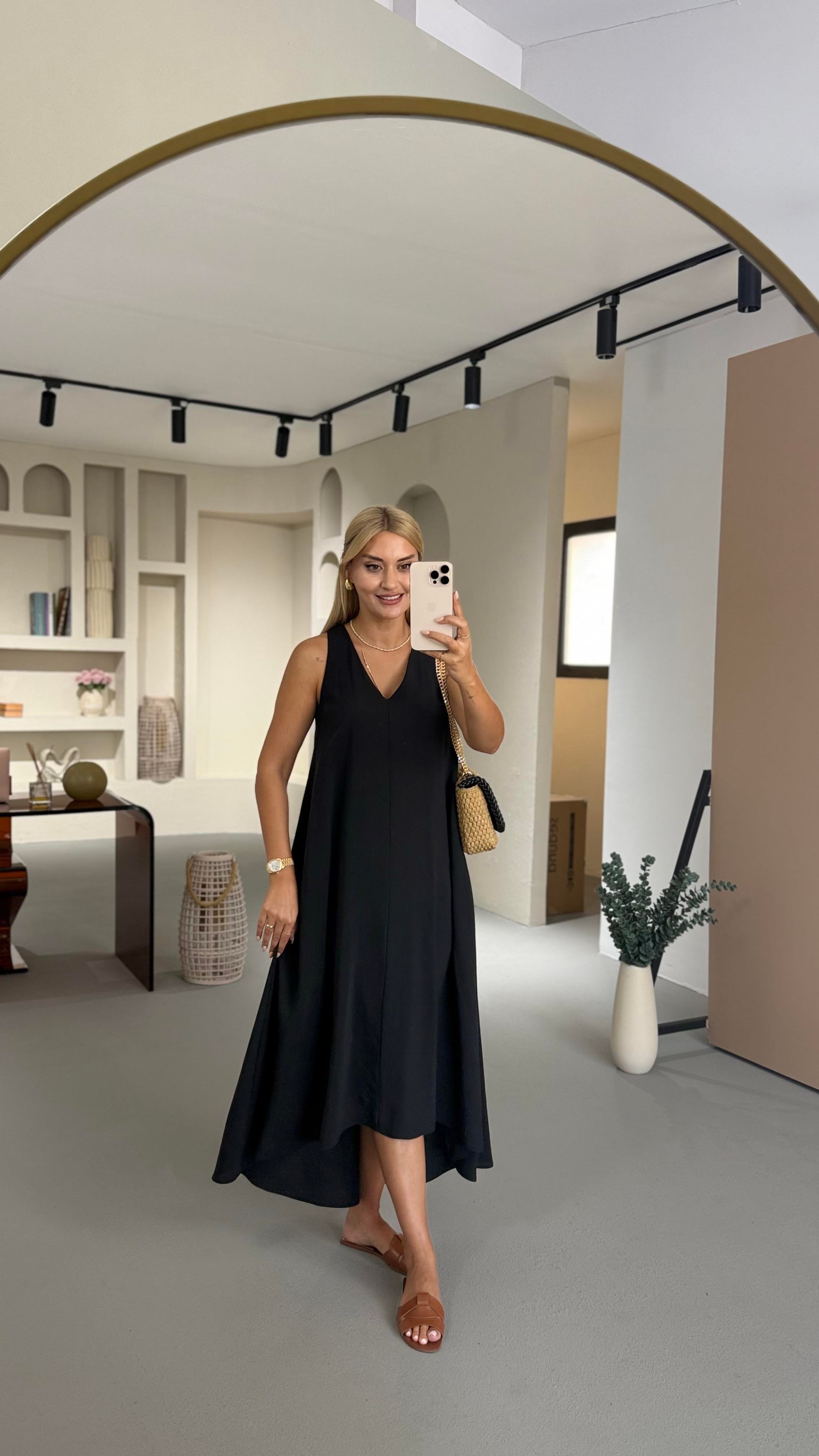 V Yaka Siyah Tensel Modal Asimetrik Elbise