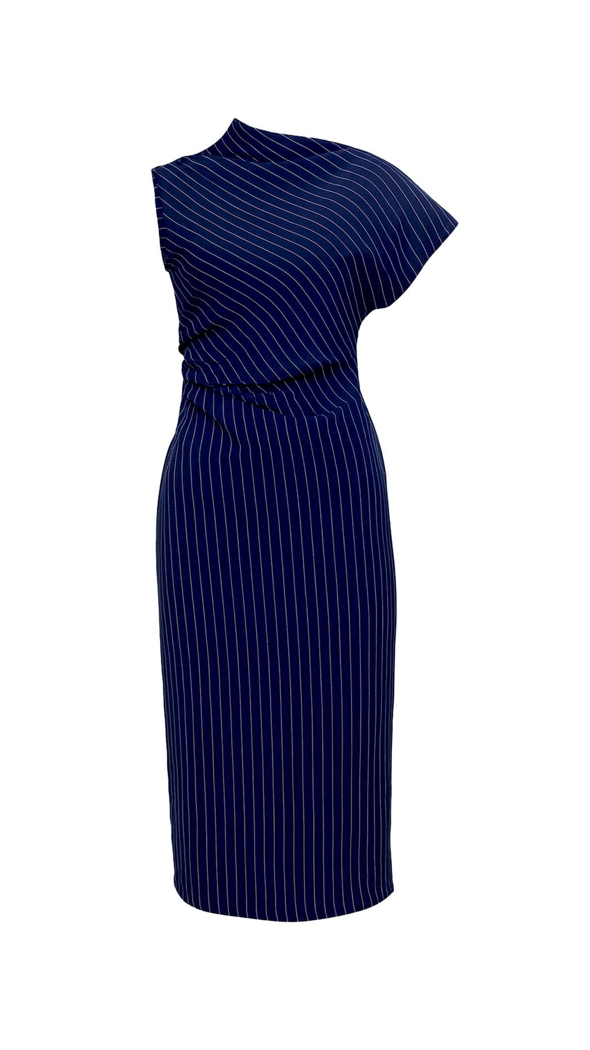 Premium Seri Drape Detay Yırtmaçlı Lacivert Çizgili Elbise