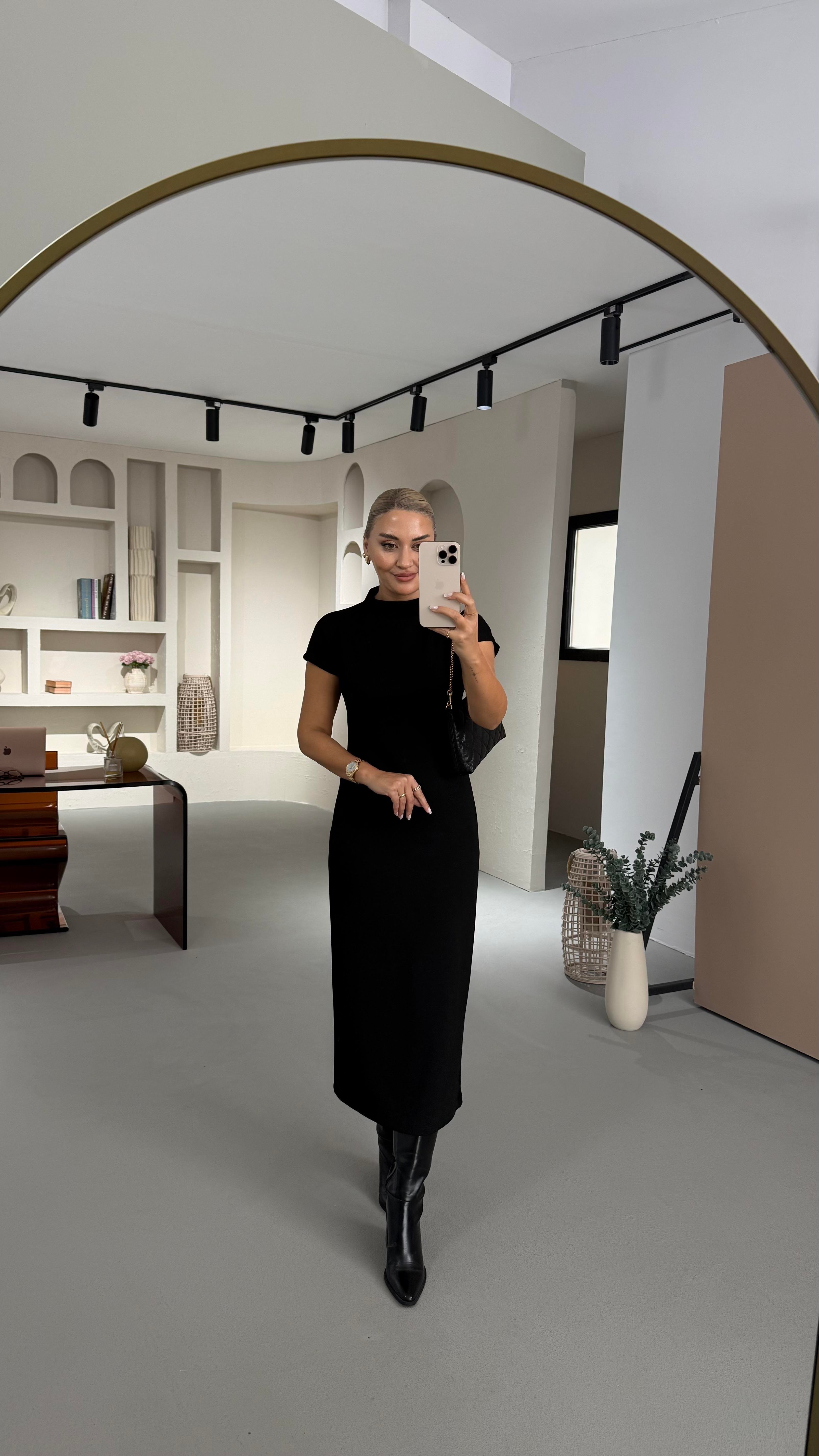 Dik Yaka T Kol Siyah Modal Elbise