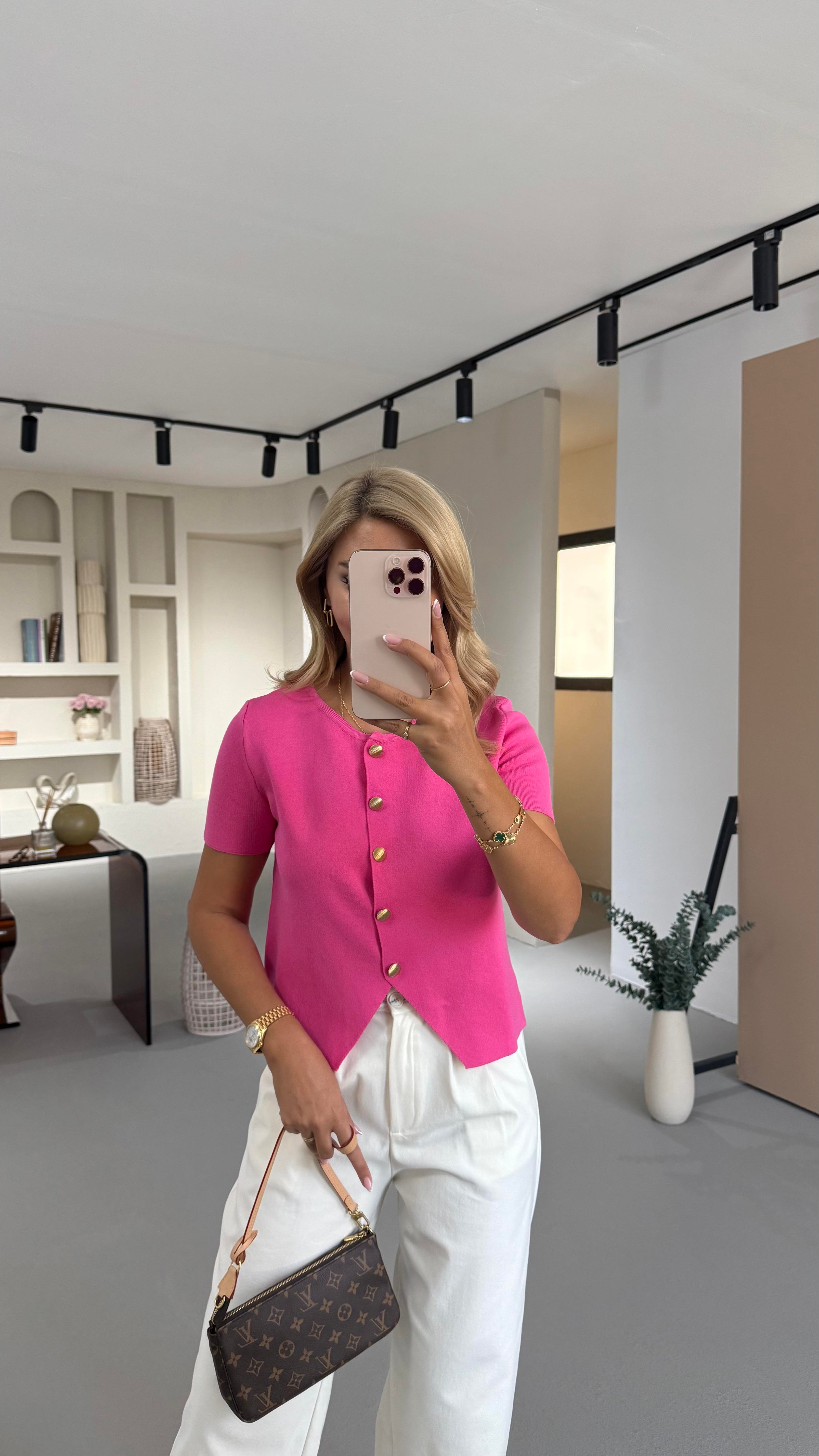 Gold Düğme Detay Kısa Kol Pembe Triko Hırka