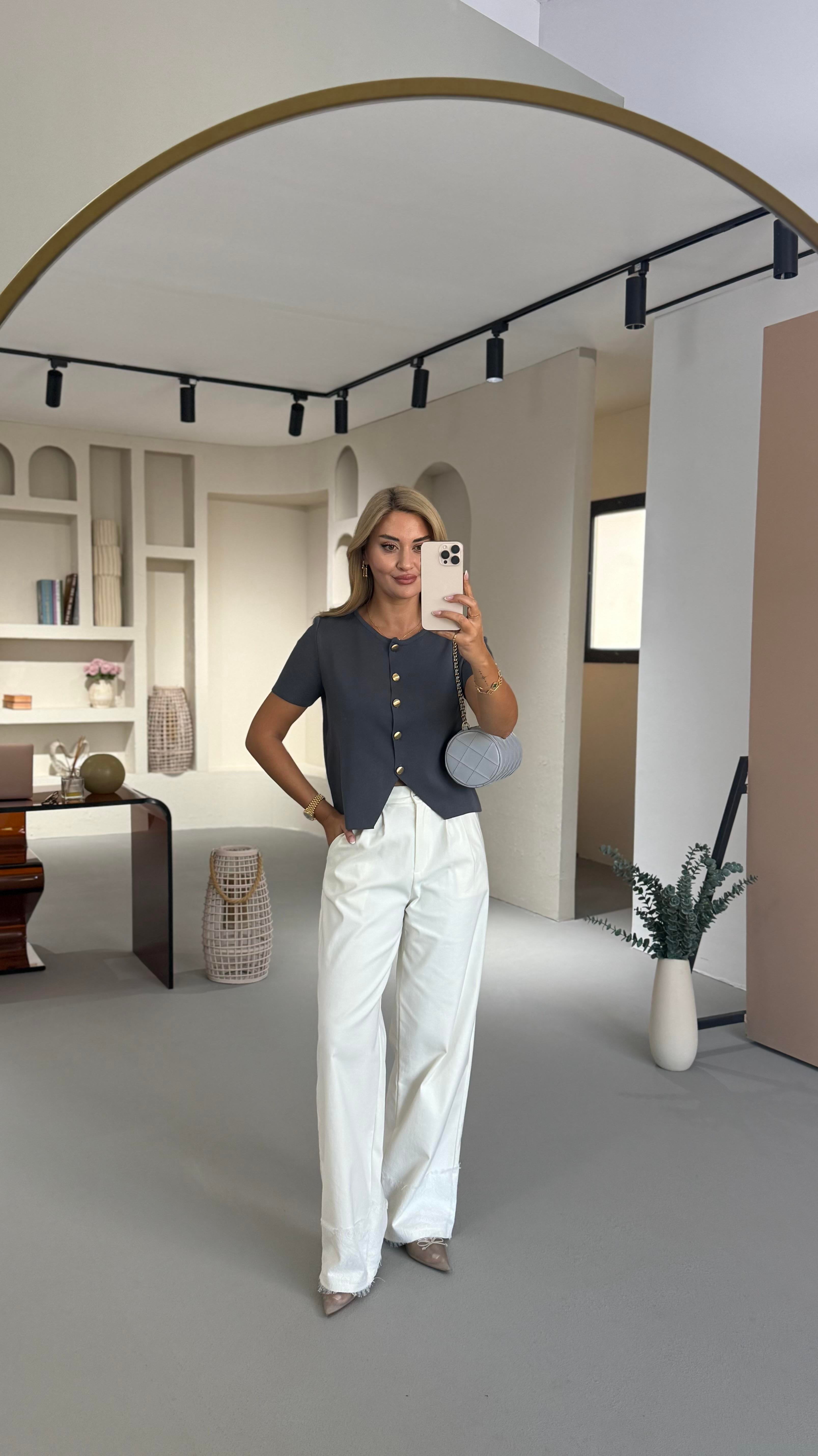 Dantel Paça Detay Ekru Palazzo Pantolon