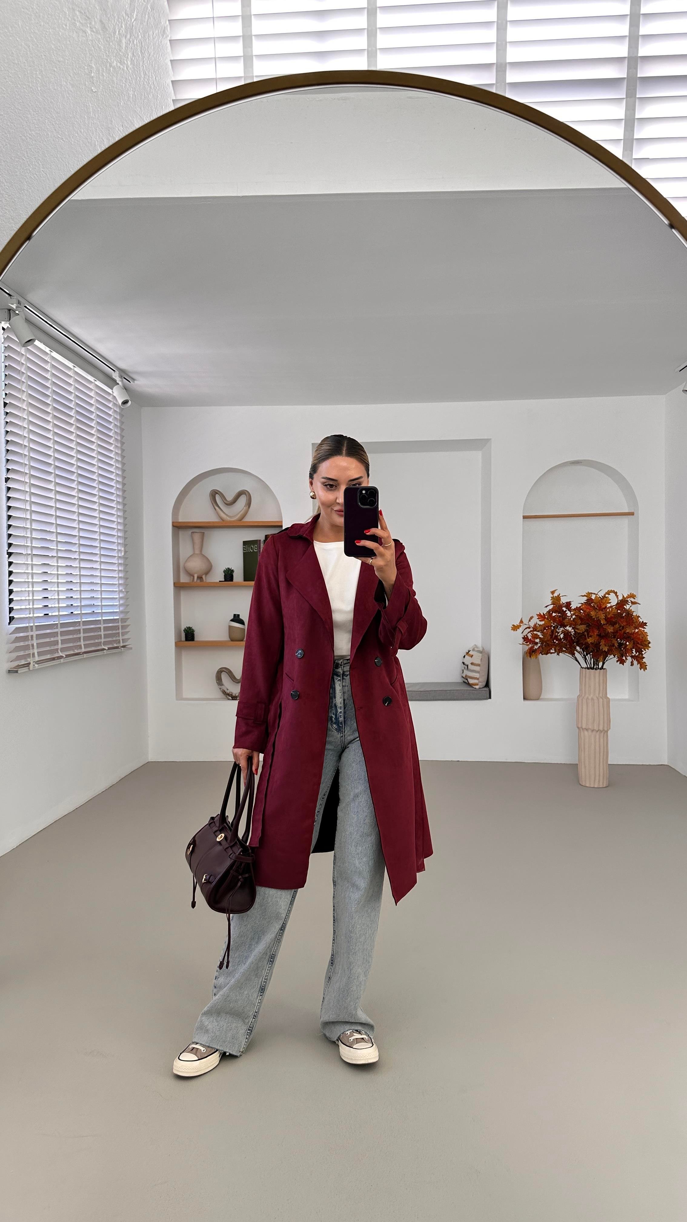 Apoletli Bordo Süet Trenç