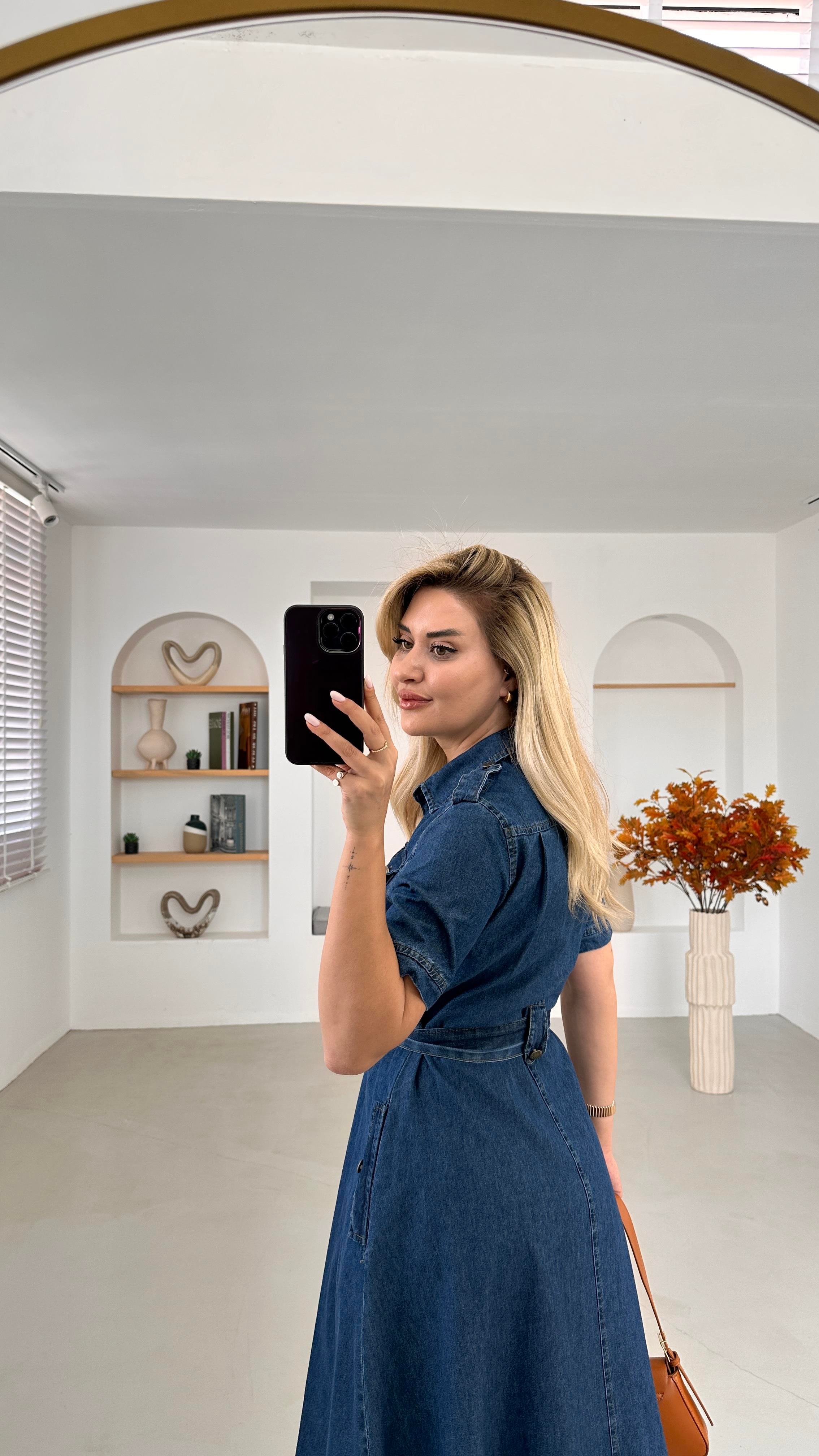 Apoletli Lacivert Çan Denim Elbise