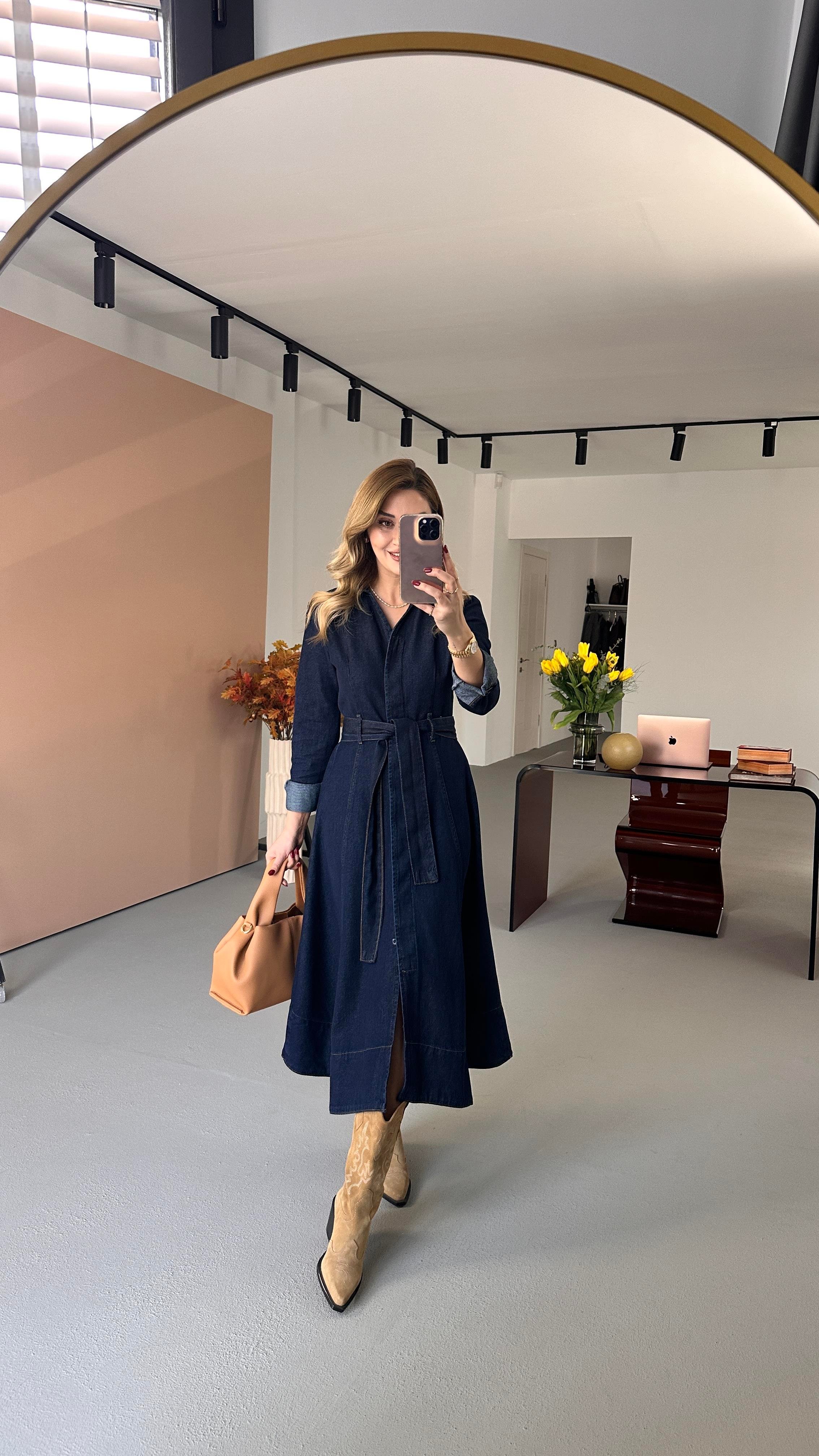Asimetrik Kesim Lacivert Midi Denim Çan Elbise