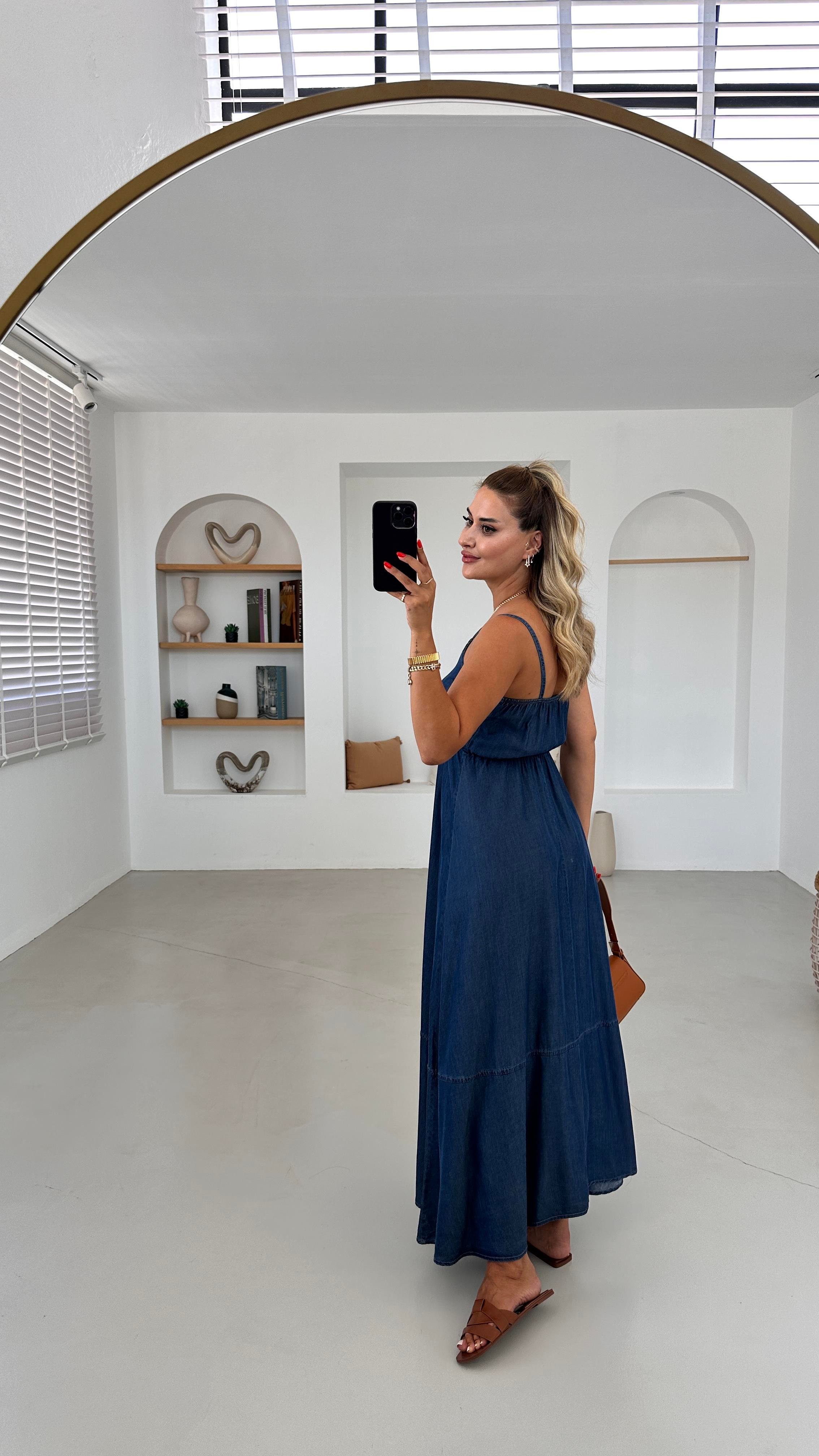 Askılı Maxi Lacivert Denim Elbise