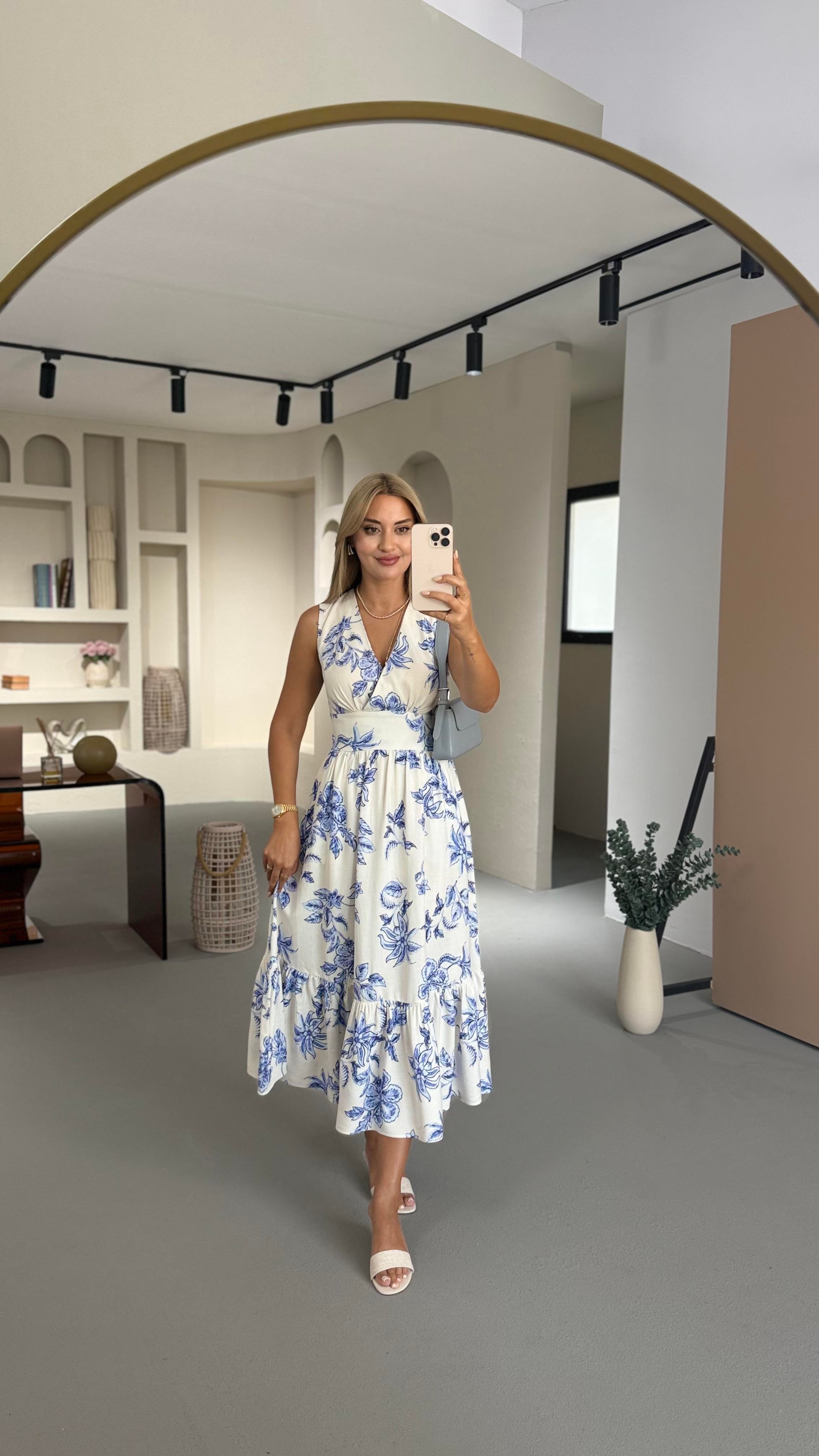 Kruvaze Yaka Kuşaklı Mavi Çiçek Desen Pamuklu Keten Elbise