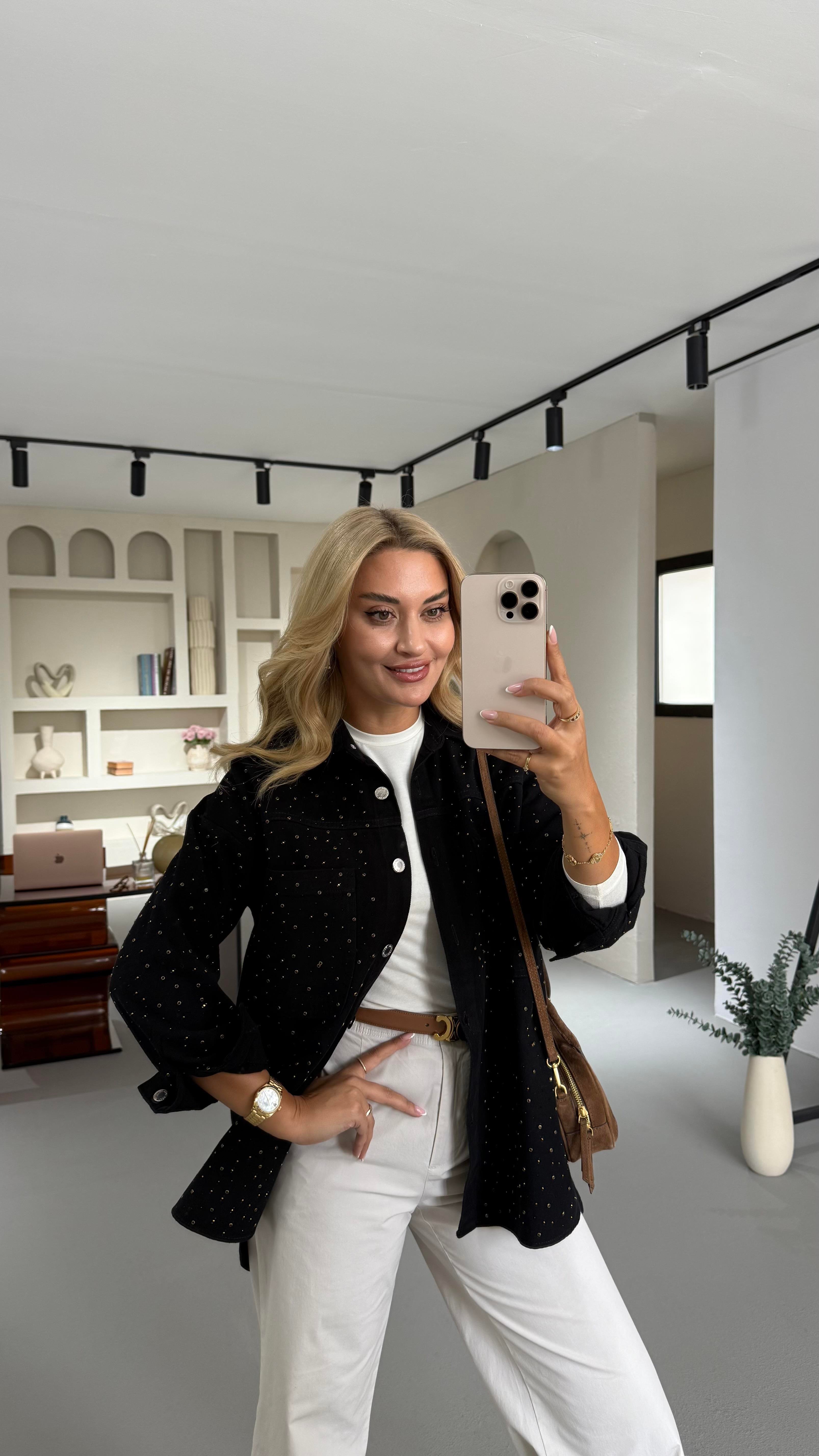 BF Taş Detay Siyah Denim Ceket