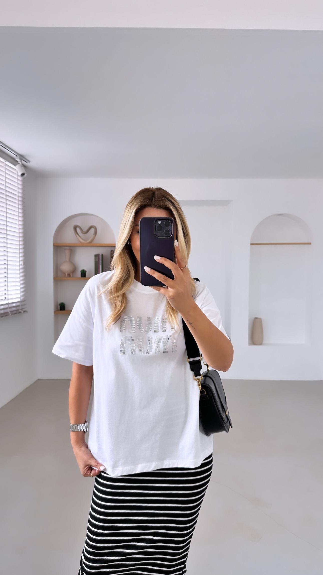 Baget Taşlı Oversize Beyaz Tshirt