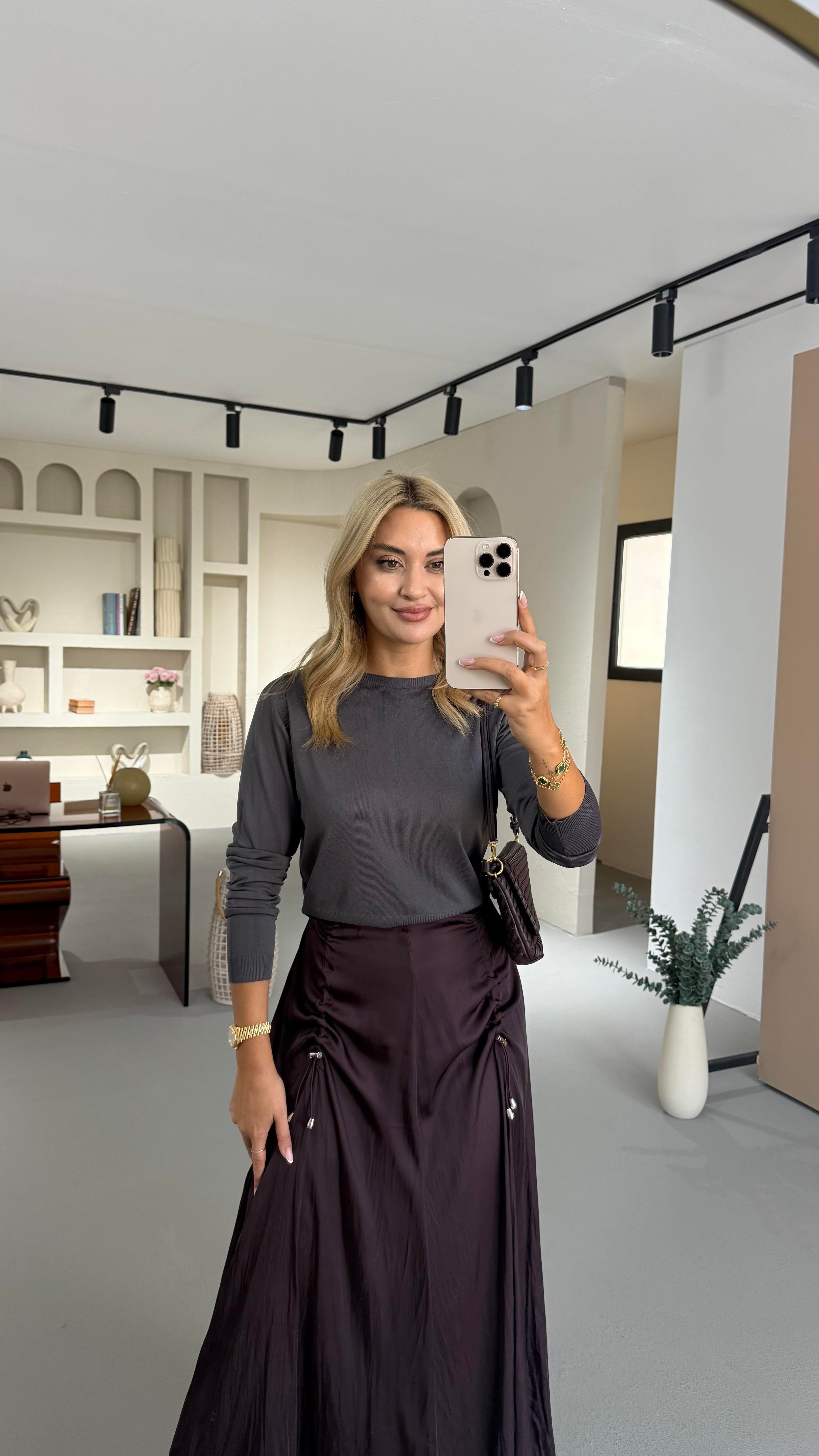 Bisiklet Yaka Uzun Kol Antrasit Basic Triko