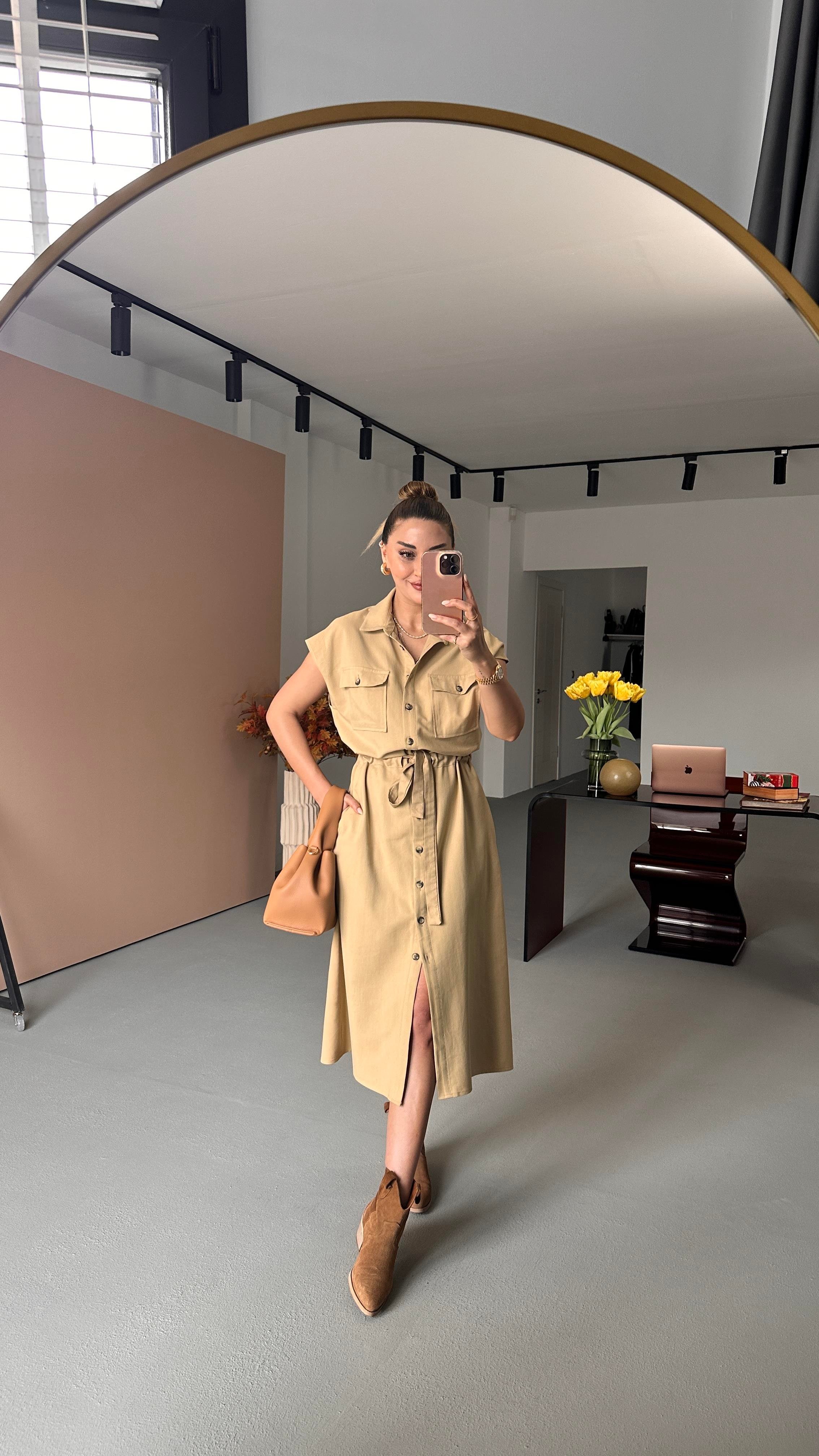 Bel Beden Ayarlamalı Tensel Gabardin Camel Gömlek Elbise