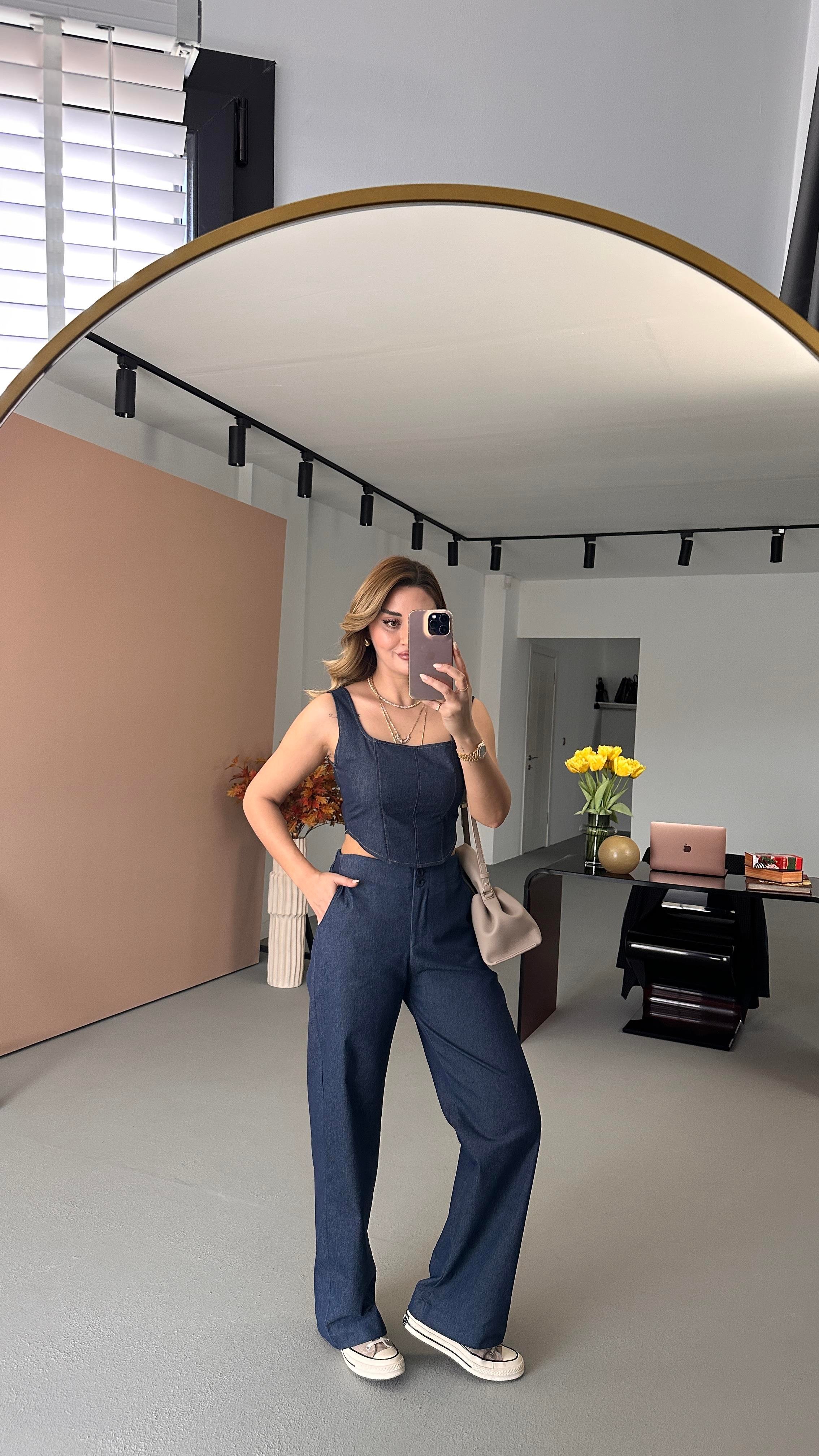 Bel Lastikli Çift Düğme Detay Likralı Denim Pantolon
