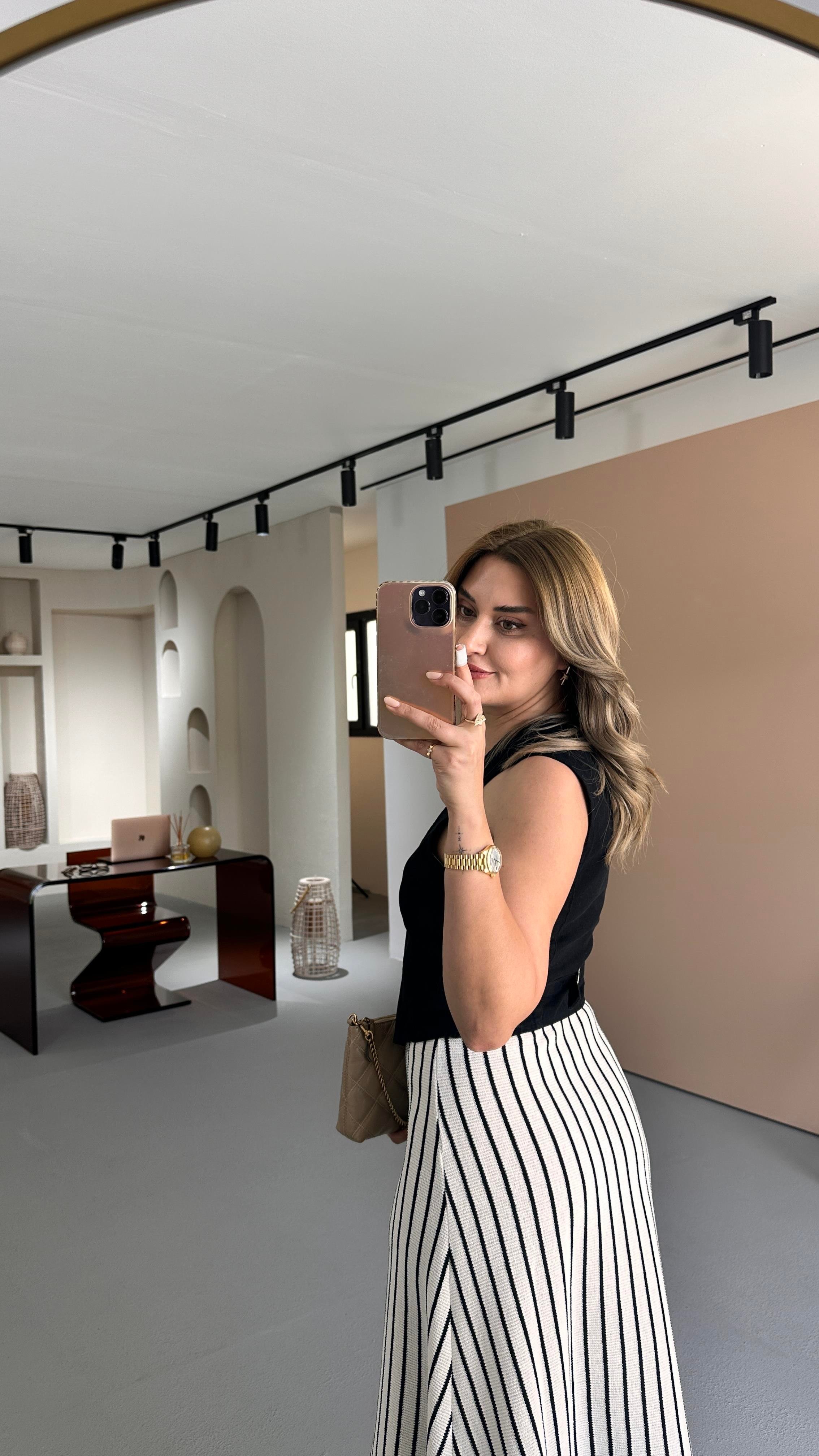 Bel Lastikli Çizgili Krem Örme Çan Etek