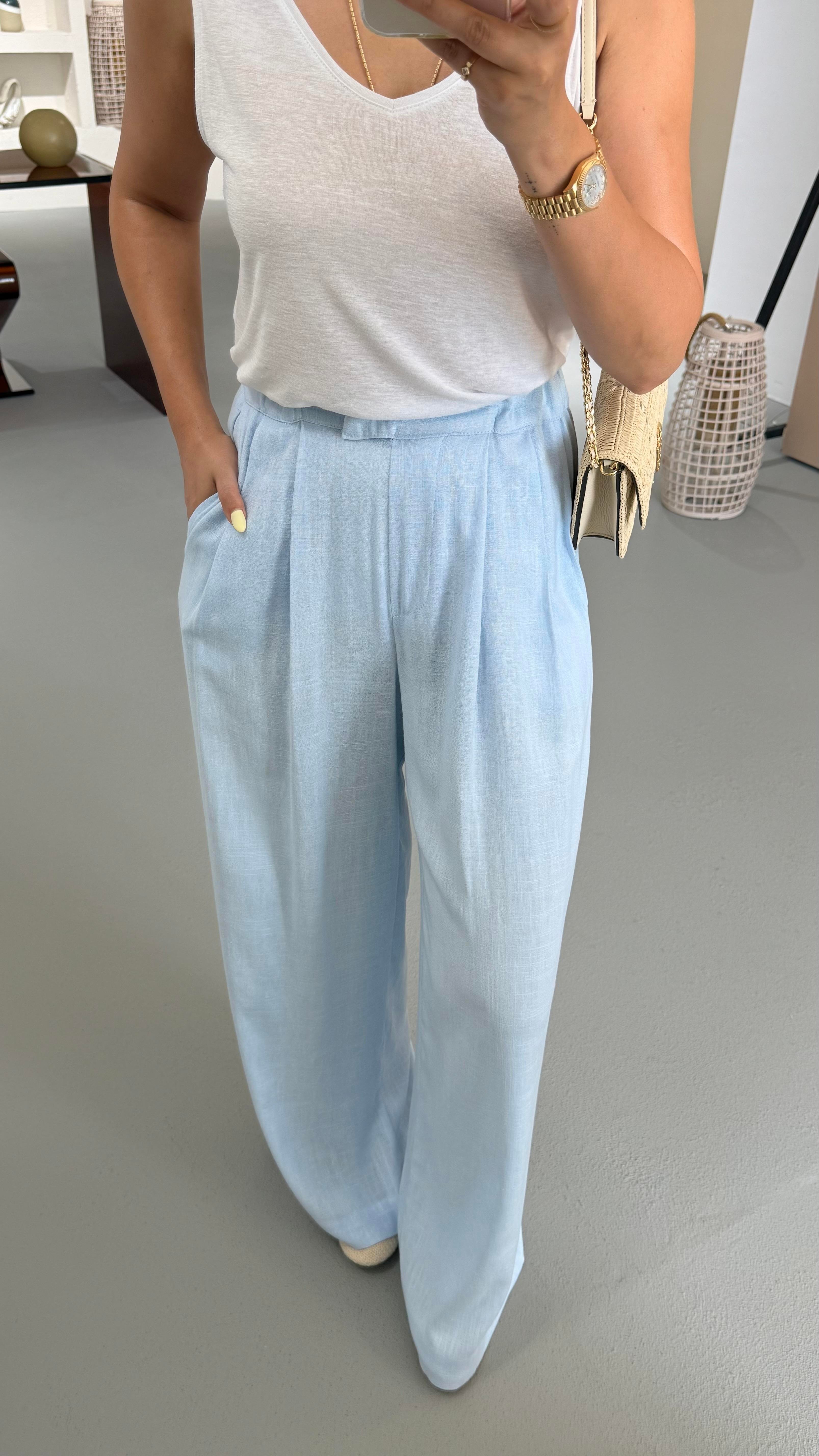 Bel Lastikli Pilise Detay Bebe Mavi Keten Palazzo Pantolon