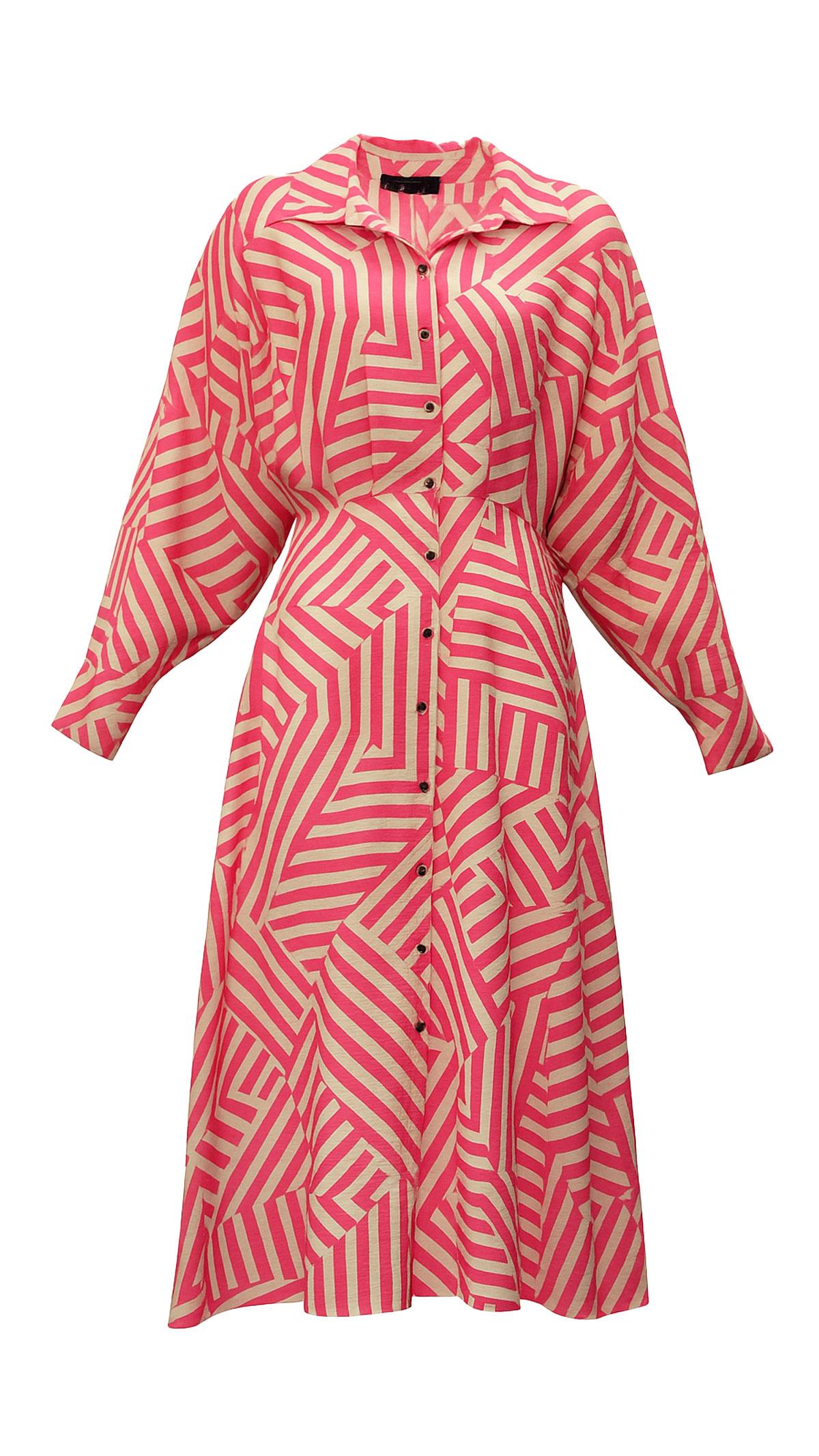 Boydan Düğmeli Geometrik Desen Pembe Elbise