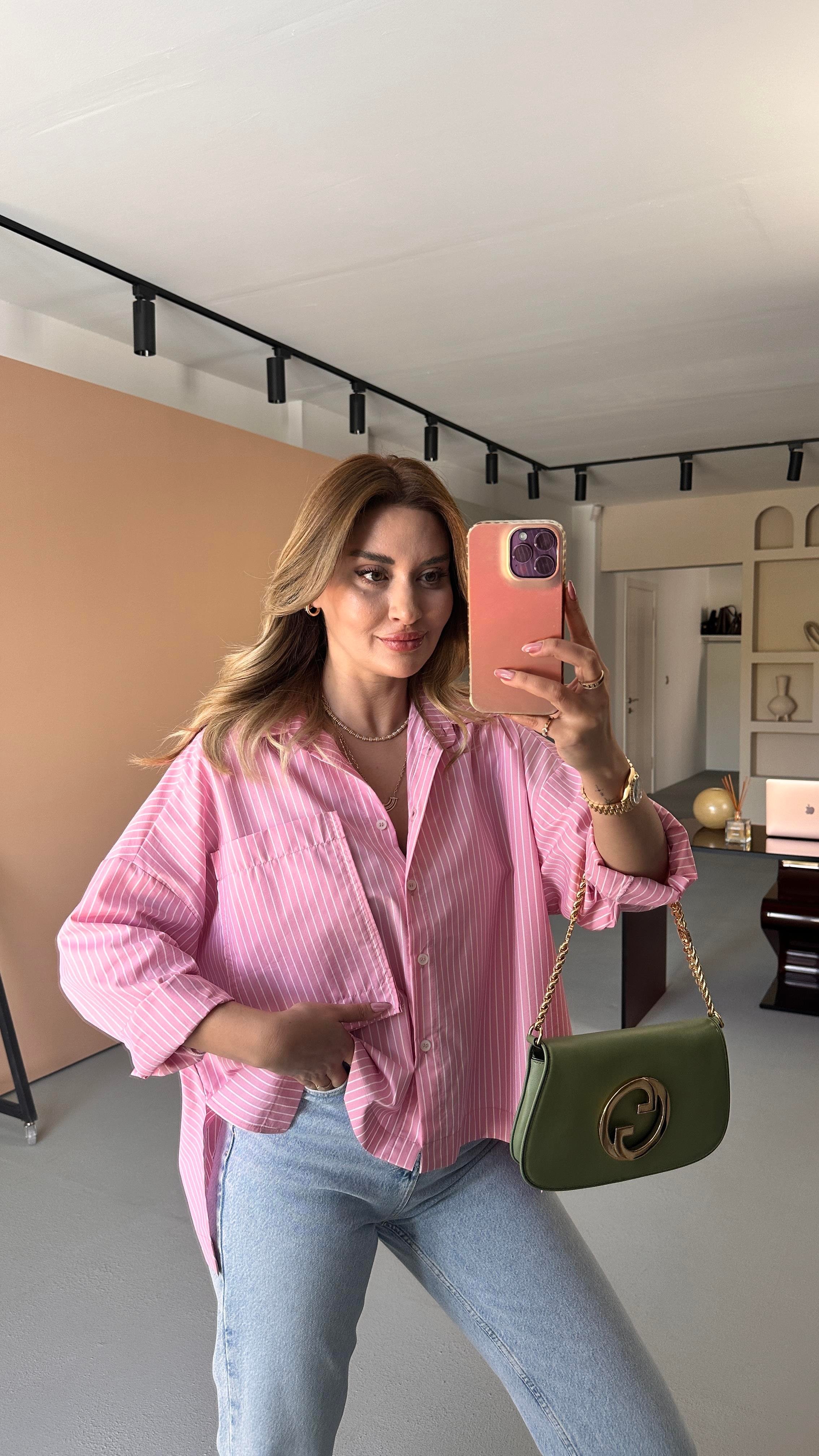 Cep Detay Çizgili Pembe Gömlek