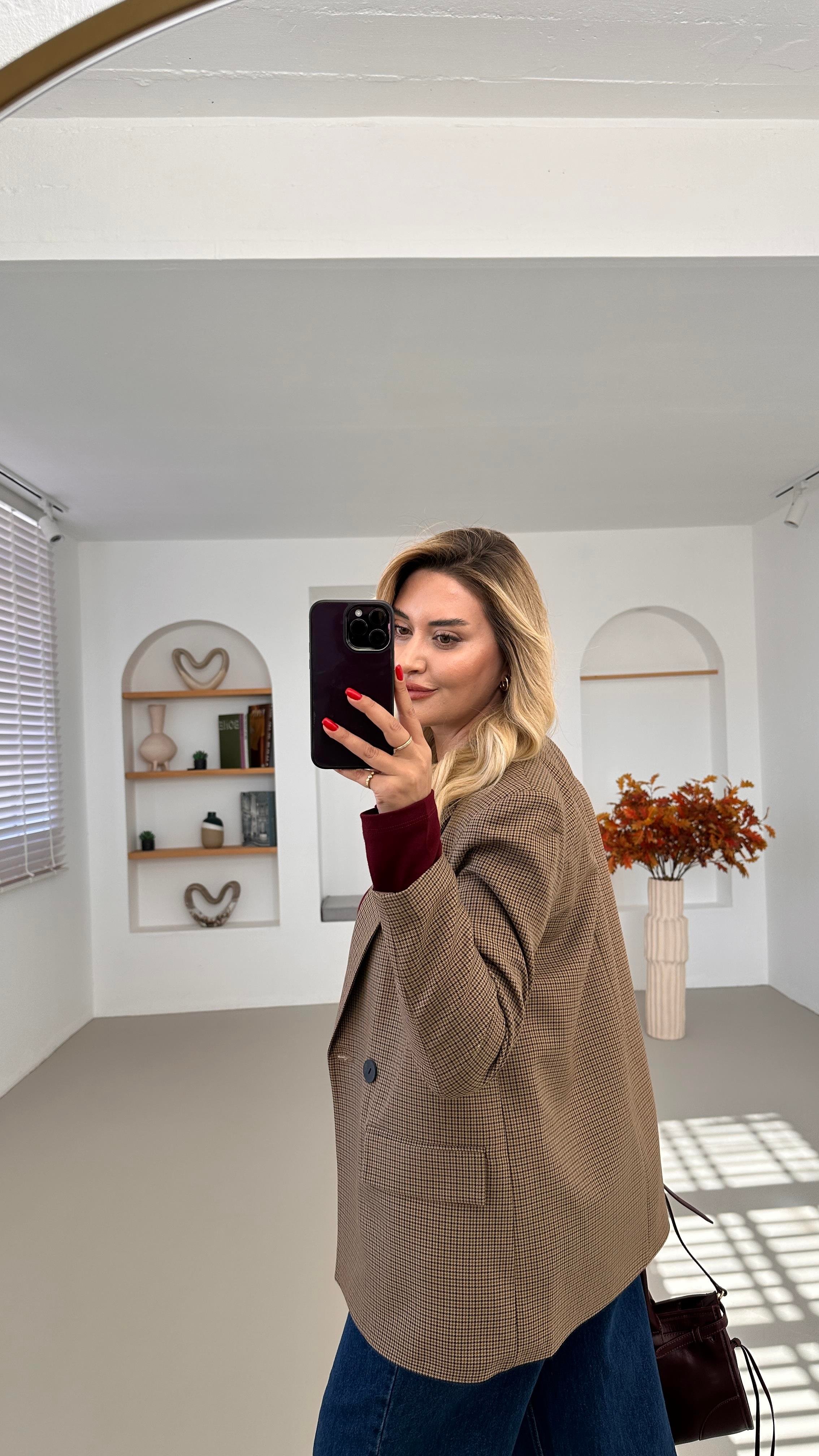 Çift Düğme Detay Astarlı Ekose Blazer Ceket
