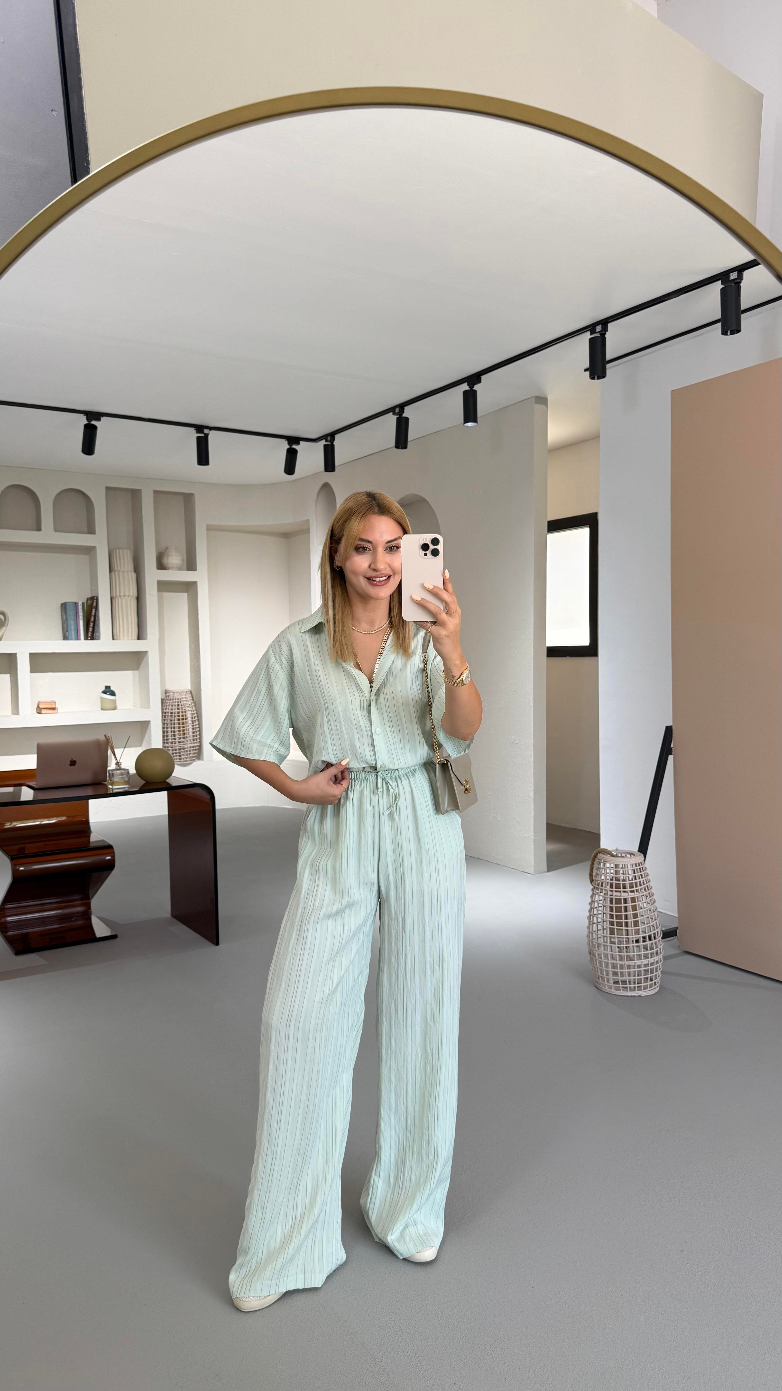 Çizgili Gömlek Pantolon Mint Vual Takım