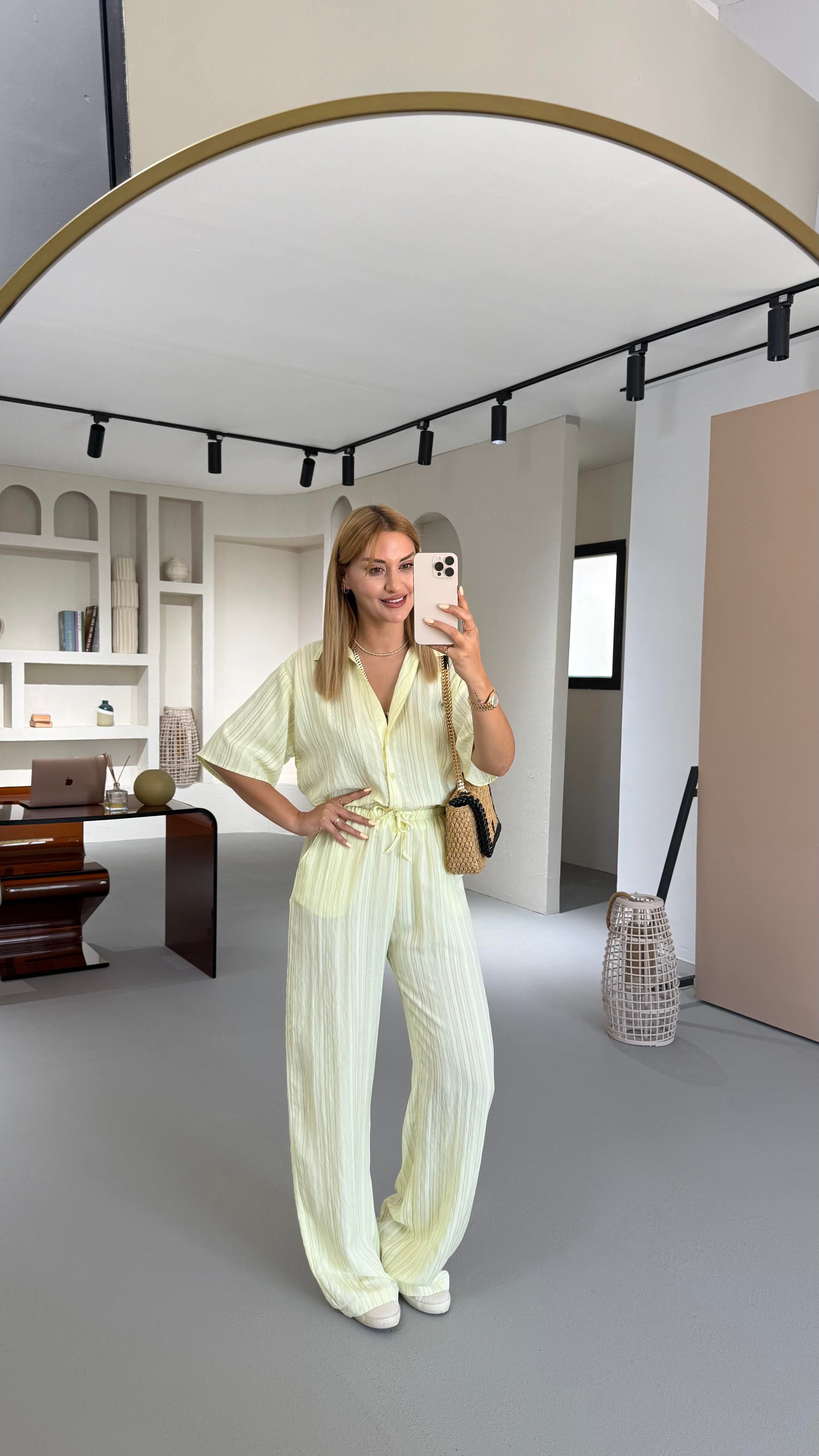 Çizgili Gömlek Pantolon Sarı Vual Takım