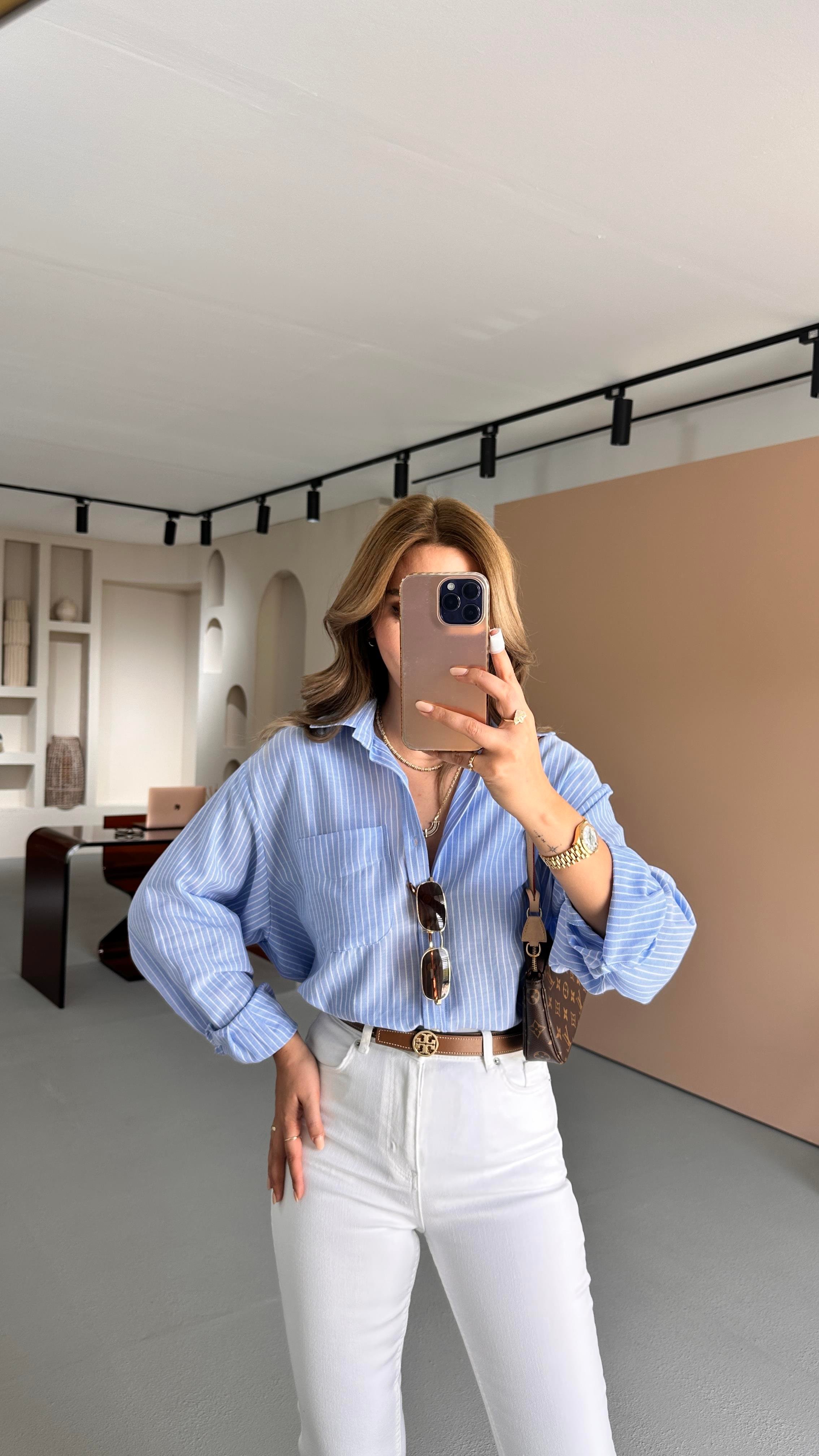 Çizgili Mavi Oversize Gömlek
