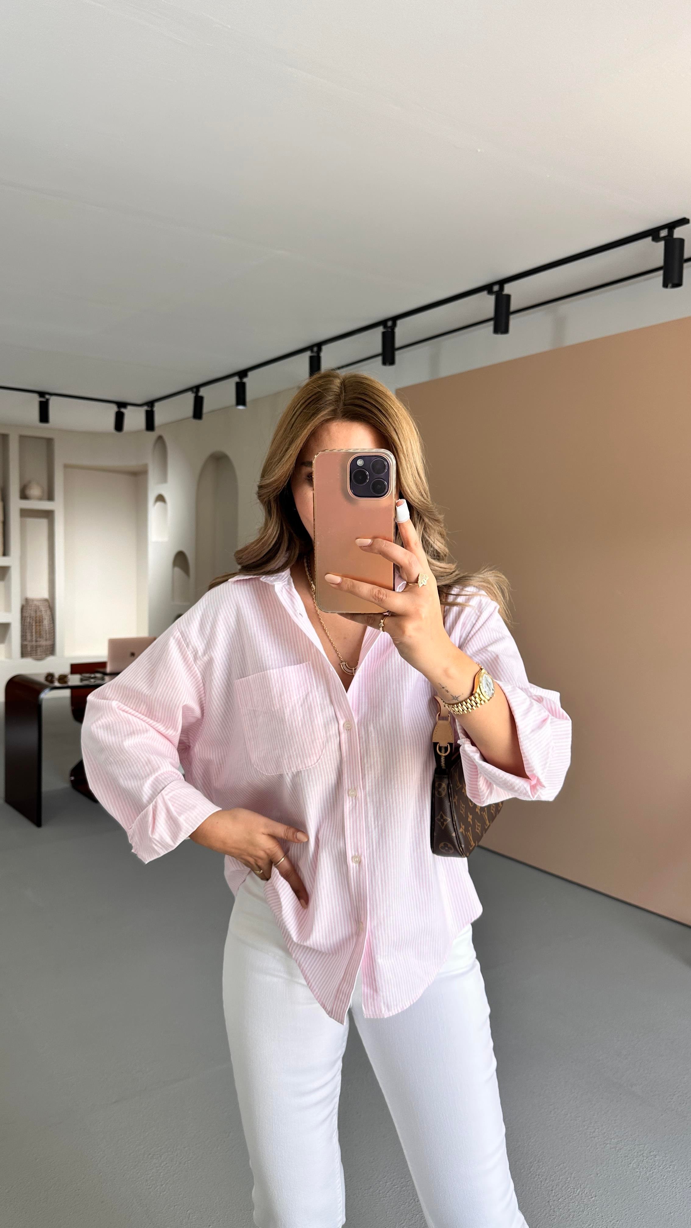 Çizgili Pembe Oversize Gömlek
