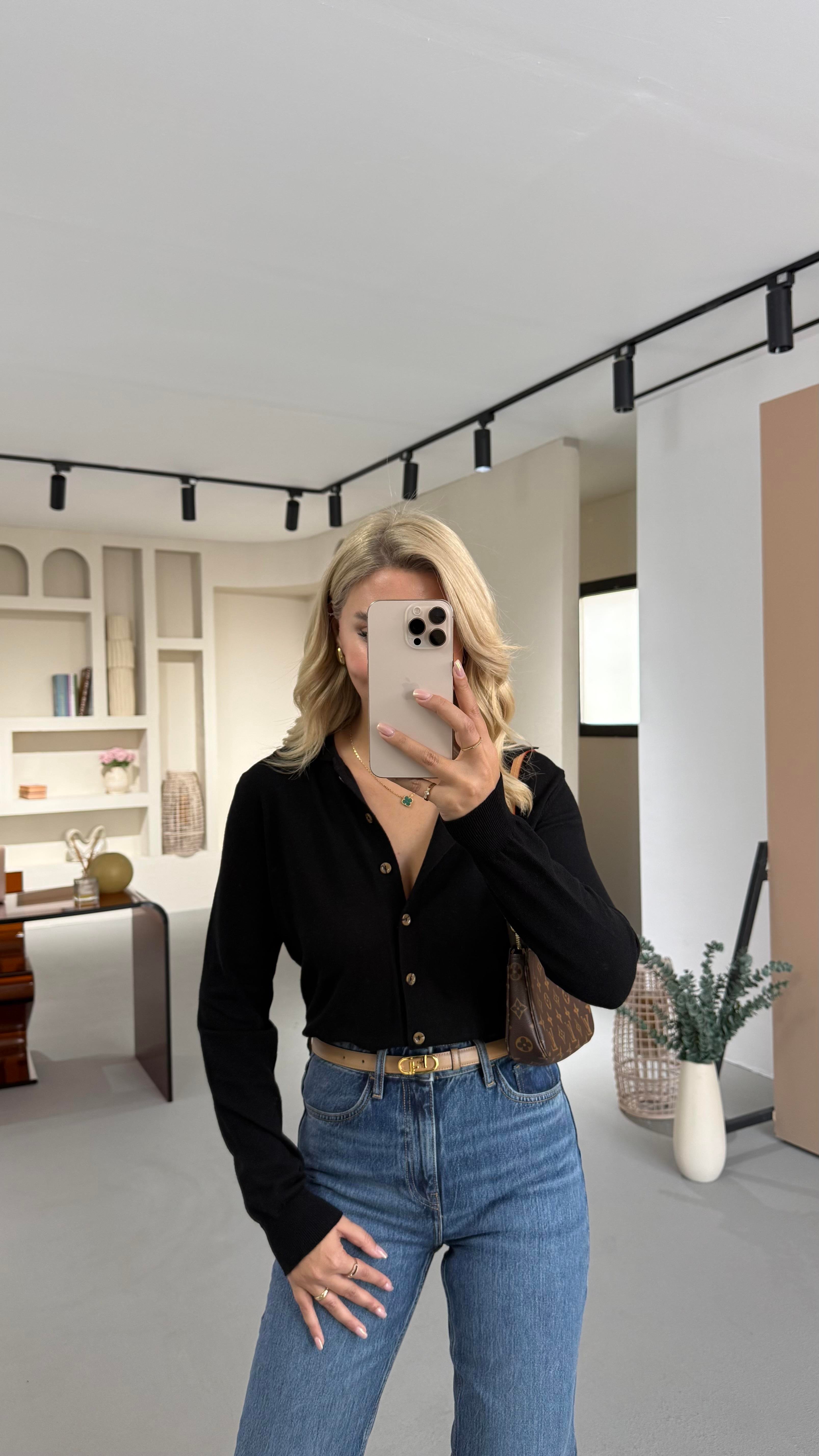 Premium Seri Polo Yaka Siyah Yumuşak Dokulu Hırka