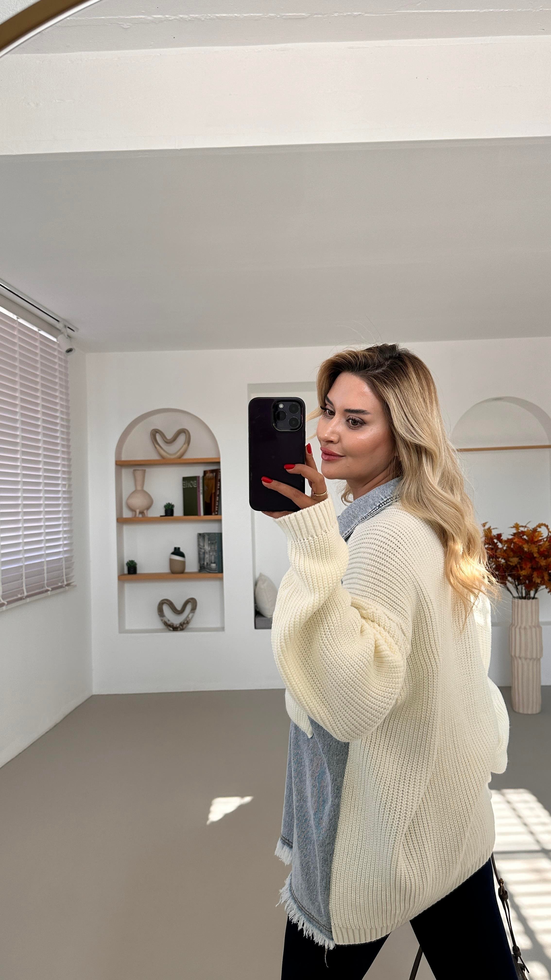 Denim Detay Cepli Oversize Ekru Hırka