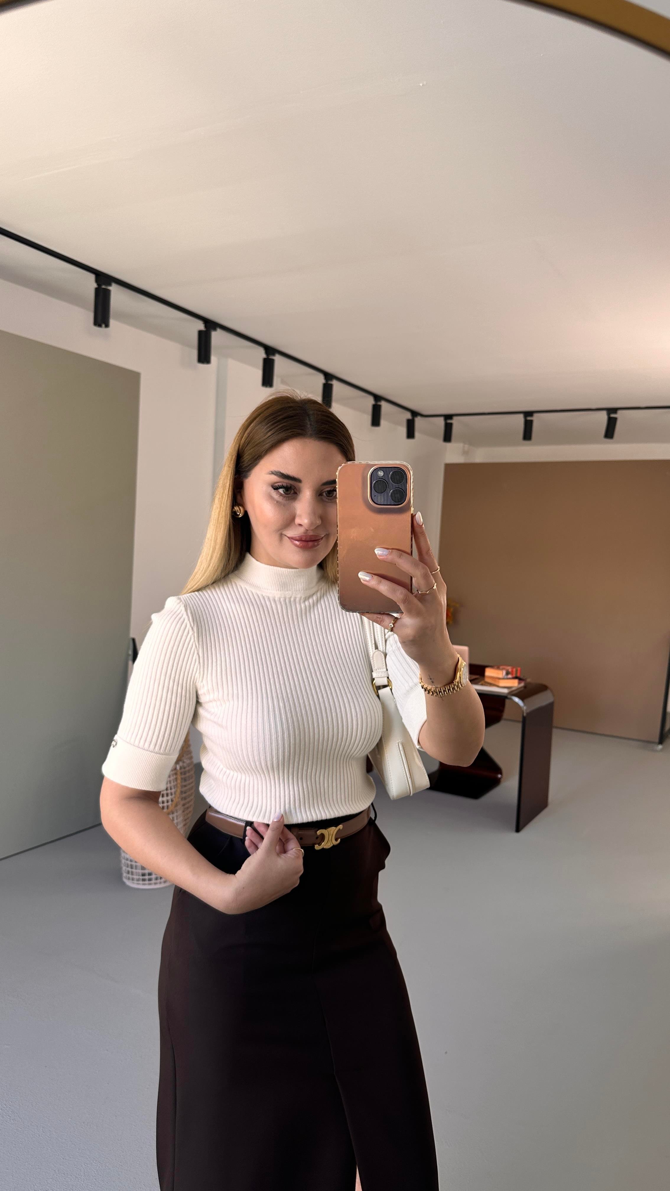Dik Yaka Duble Kol Fitilli Ekru Triko