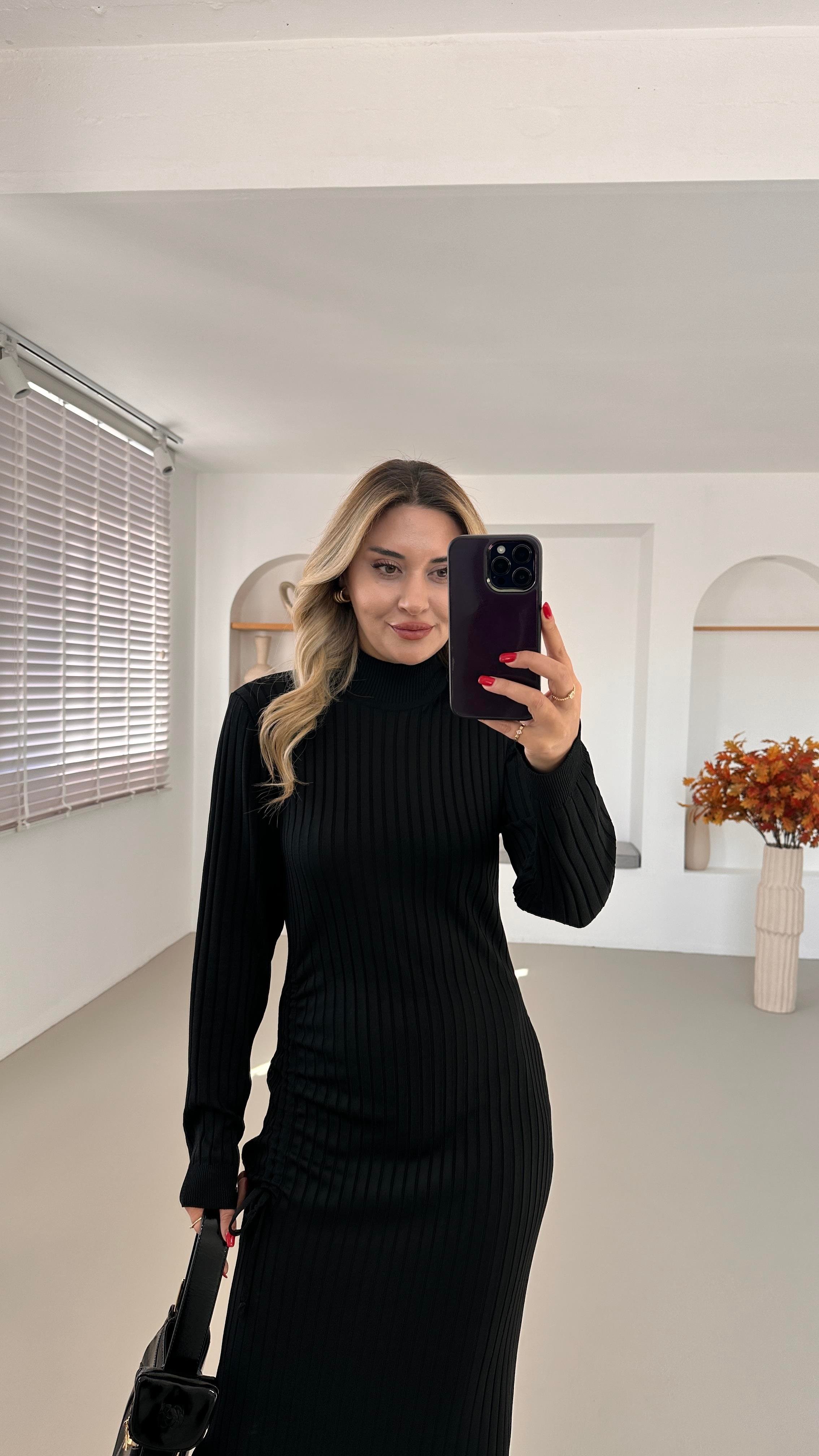 Drape Detay Balıkçı Yaka Siyah Maxi Triko Elbise