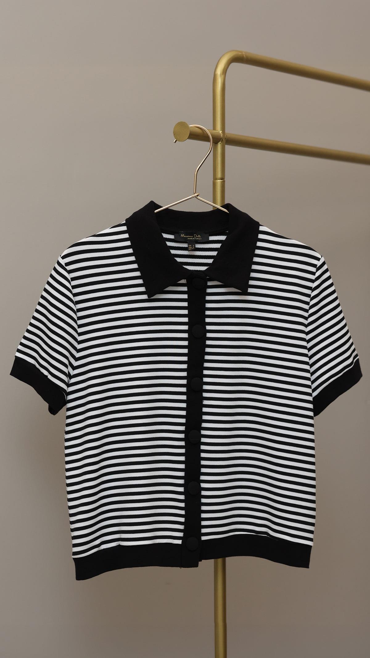 Düğme Detay Siyah Beyaz Çizgili Bluz