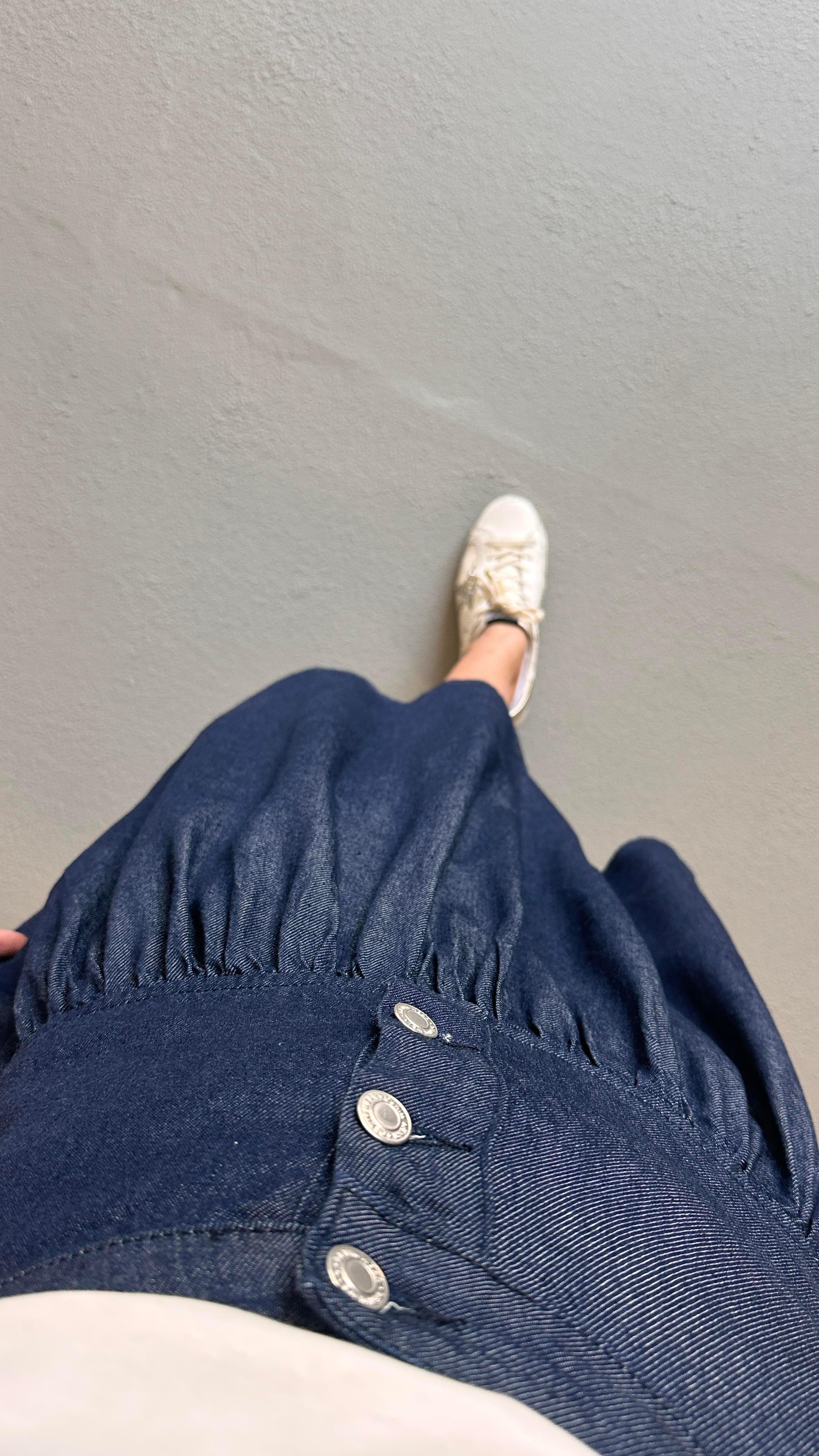 Düğme Detay Volanlı Lacivert Midi Denim Etek