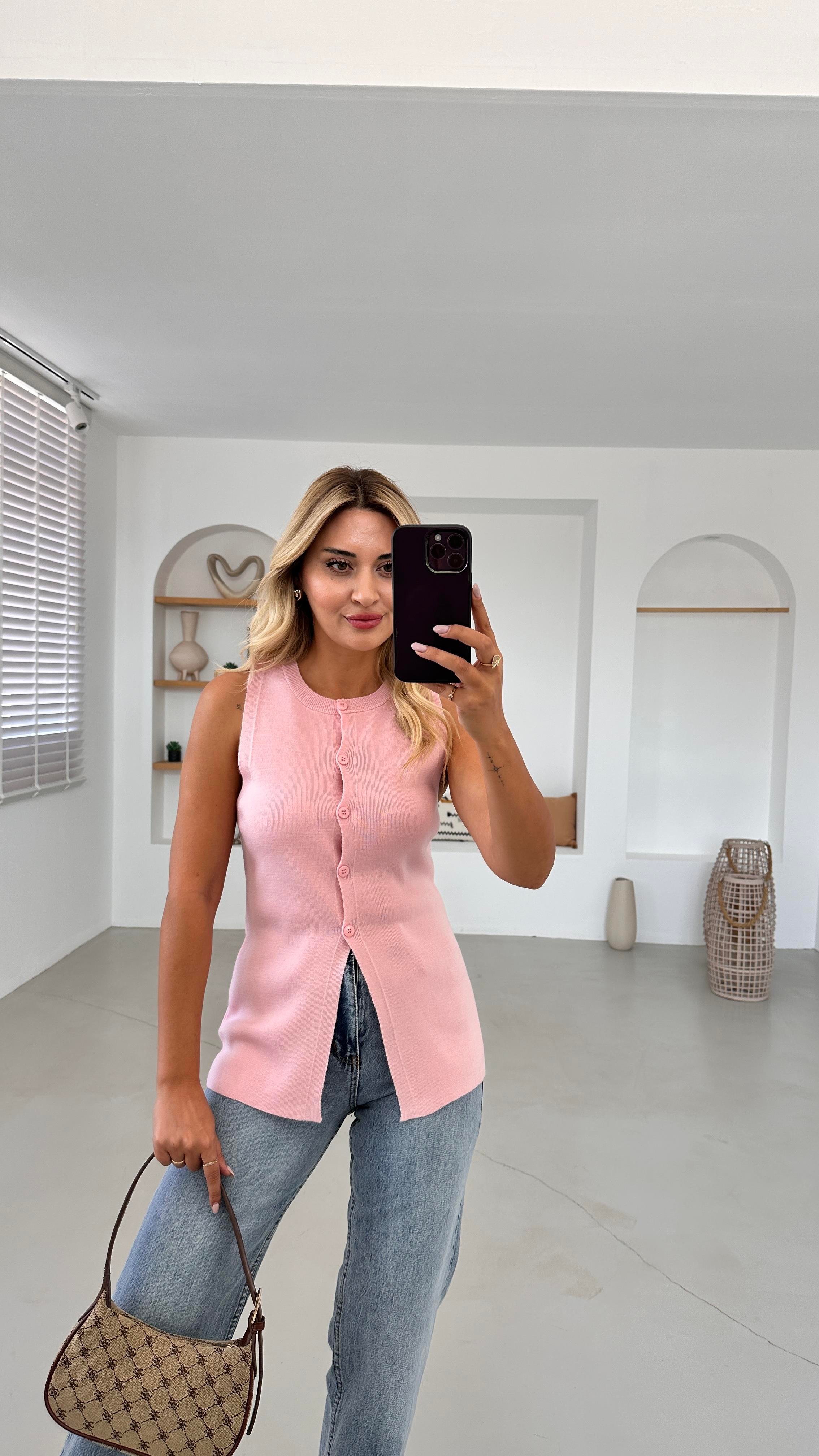 Düğmeli Çelik Triko Pembe Yelek