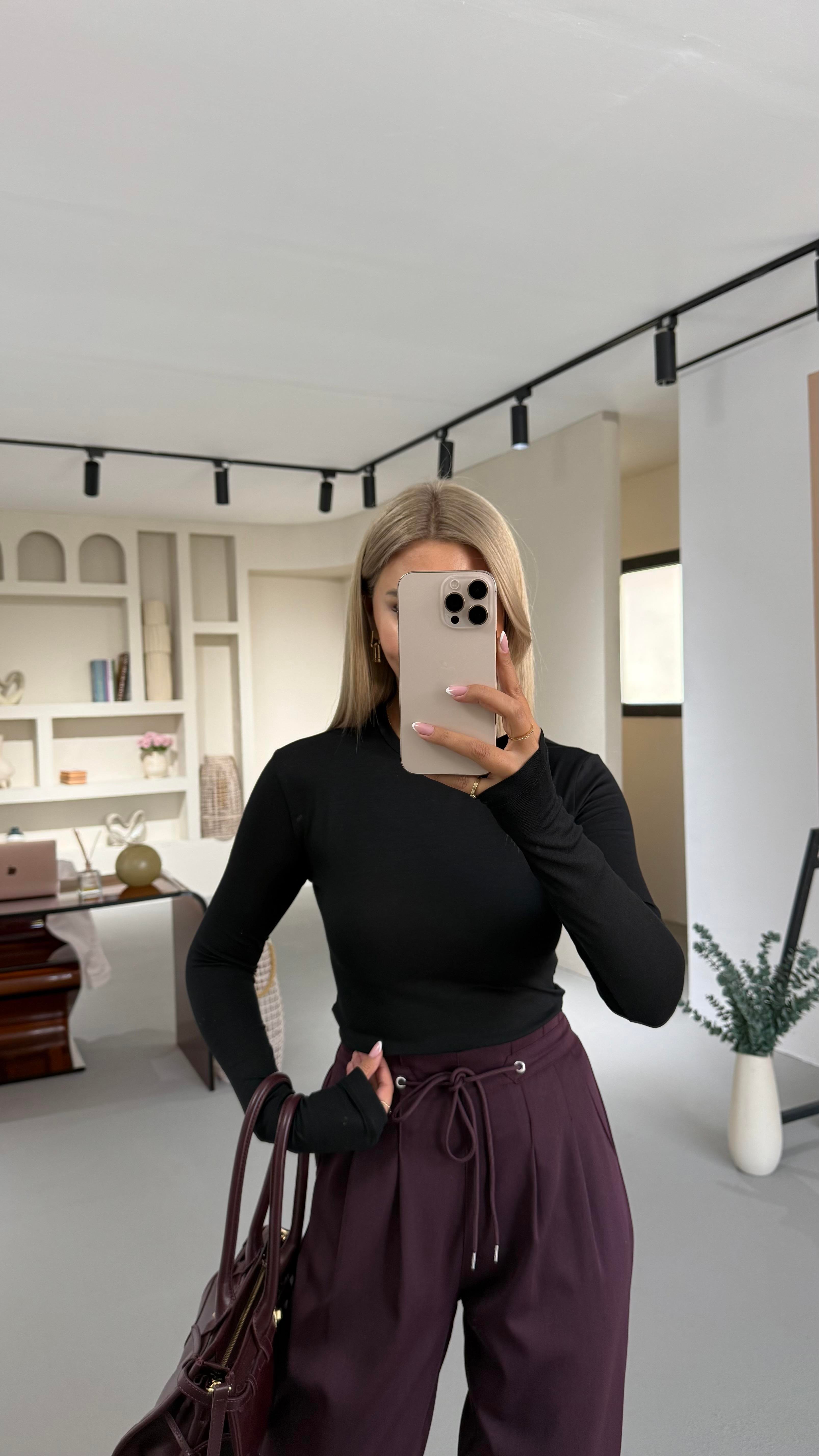 Bisiklet Yaka Uzun Kol Siyah Basic Tshirt