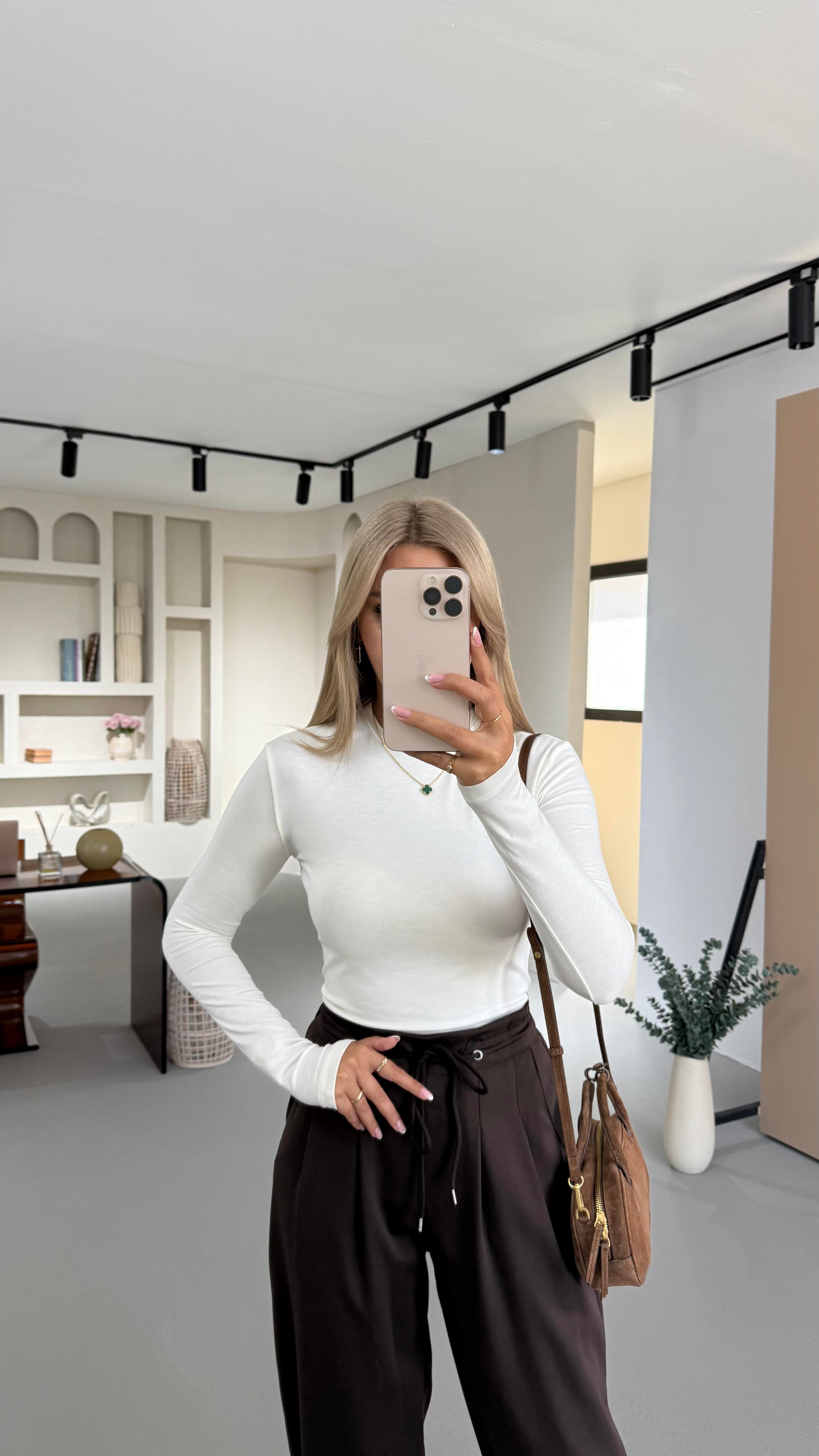 Bisiklet Yaka Uzun Kol Ekru Basic Tshirt