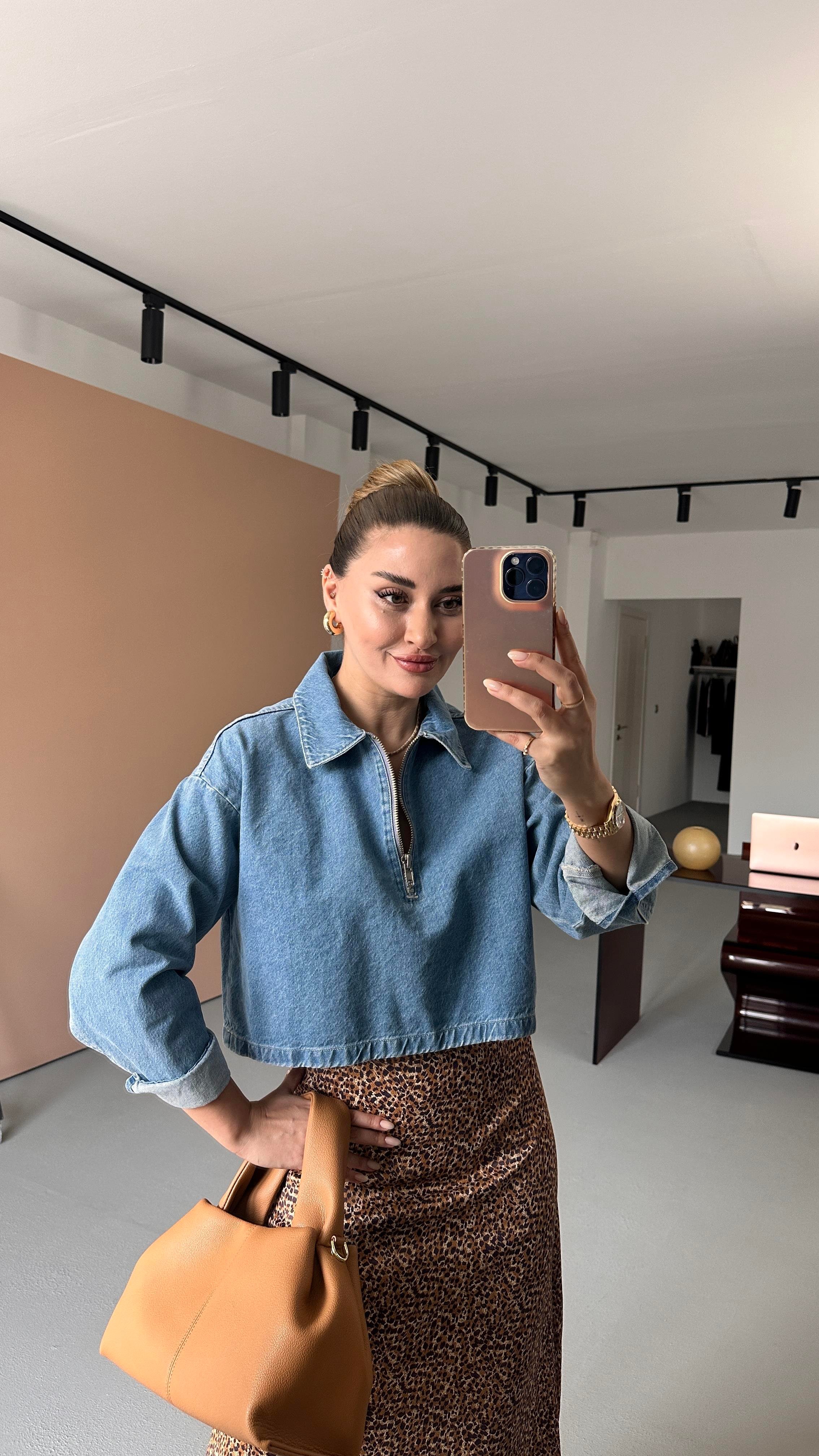 Fermuar Detay Mavi Denim Sweat