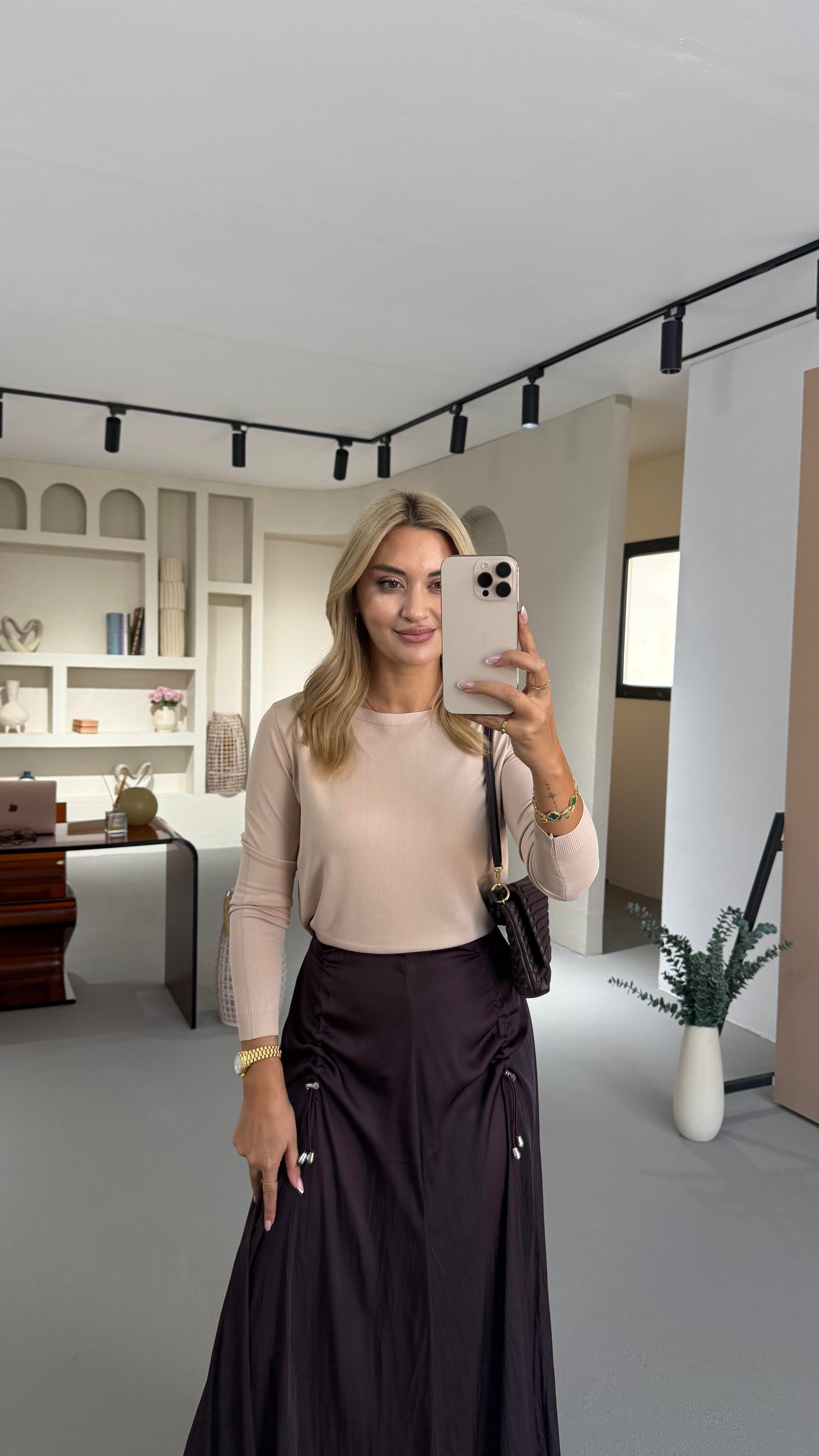 Bisiklet Yaka Uzun Kol Bej Basic Triko