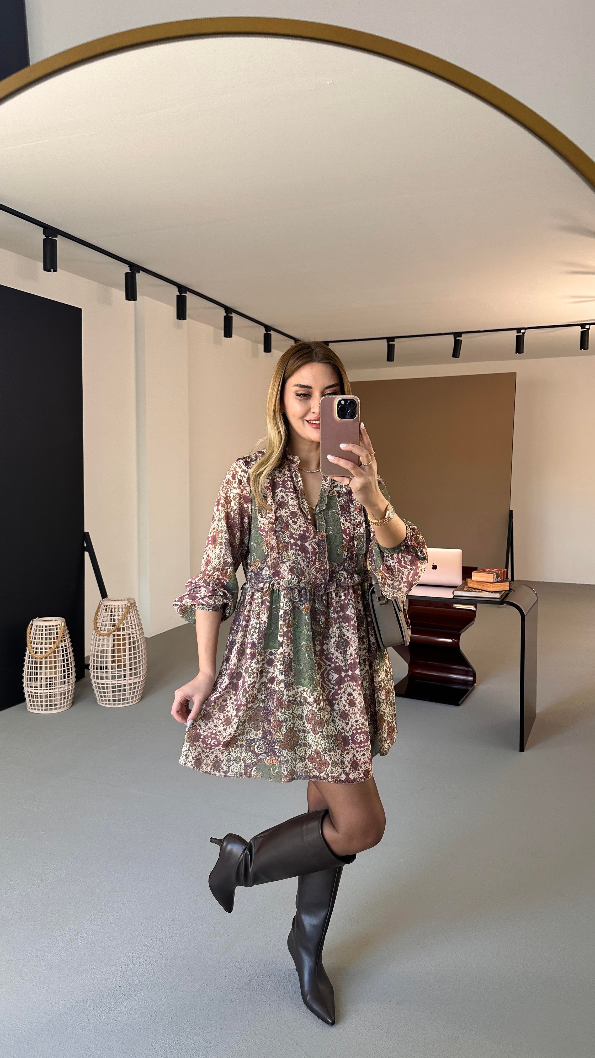 Fırfır Detay Vintage Astarlı Şifon Elbise