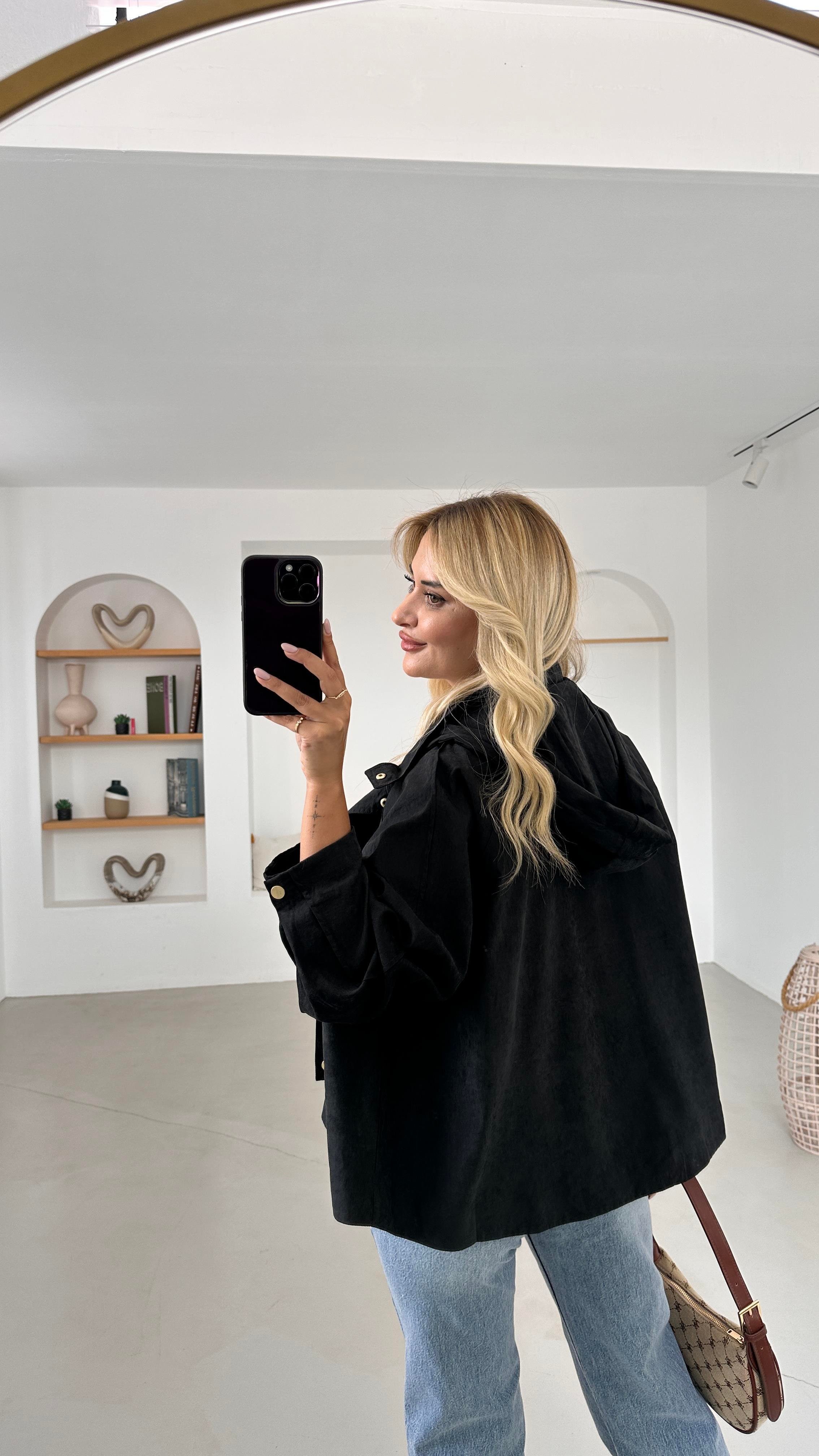 Kapüşonlu Oversize Siyah Trenç