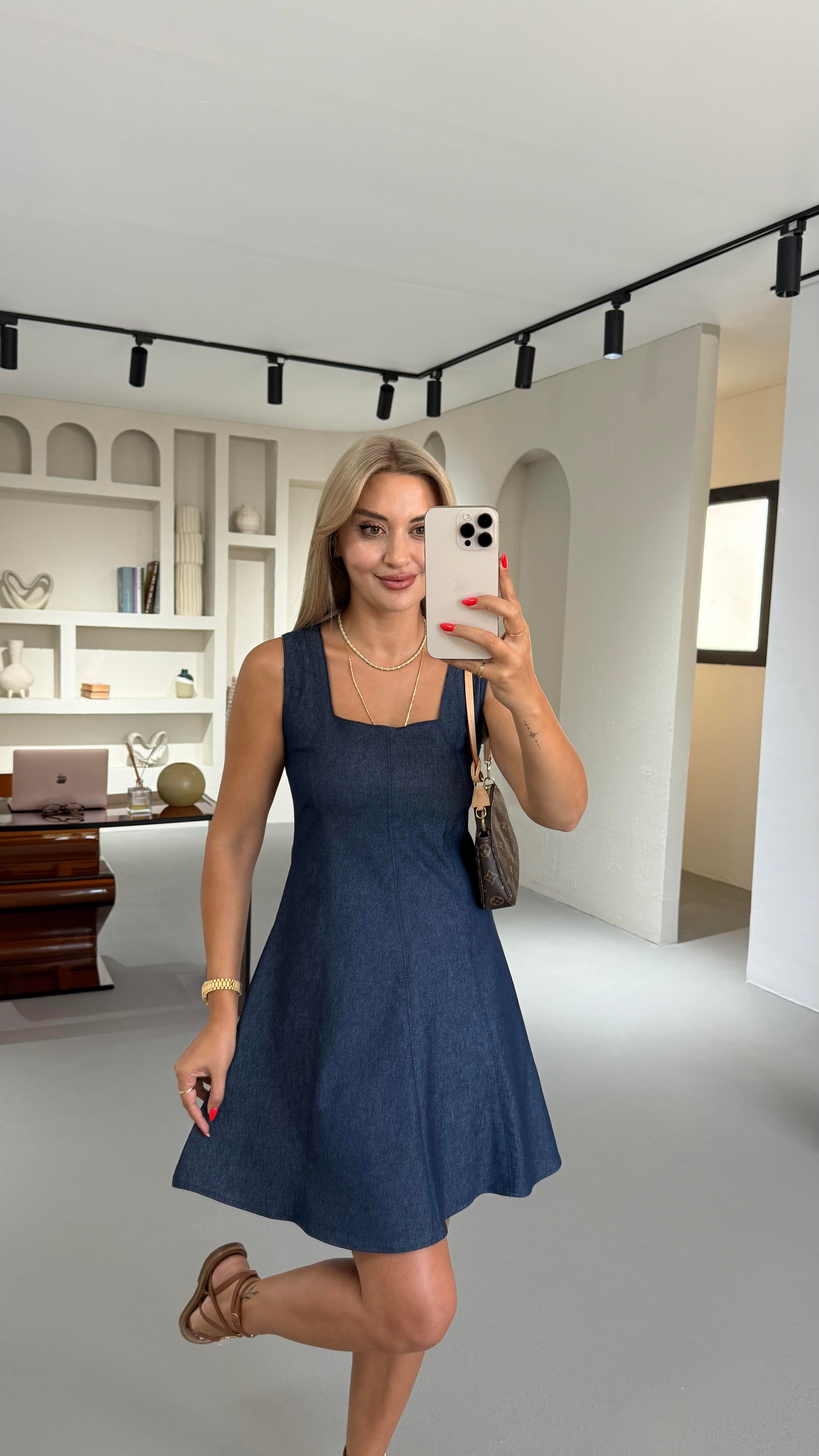 Kare Yaka Lacivert Denim Çan Elbise